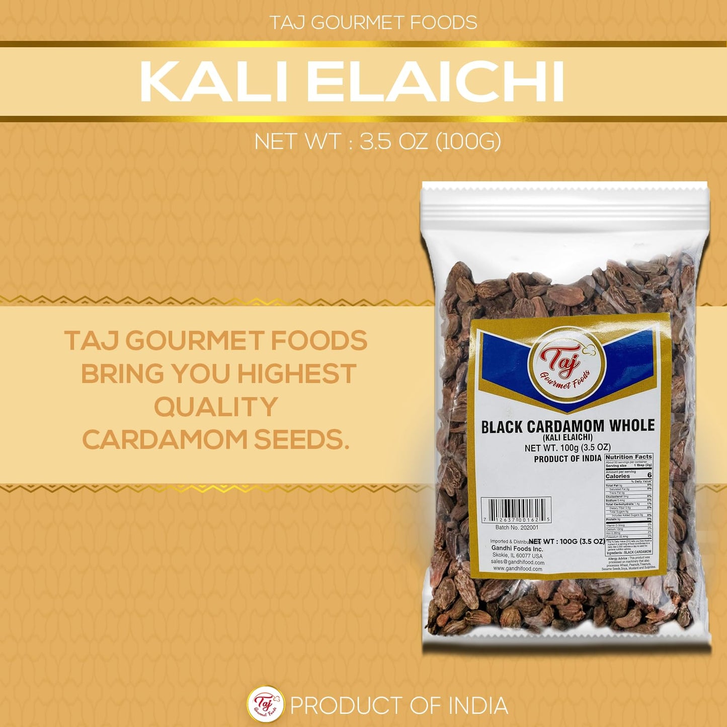TAJ Premium Black Cardamom, Kali Elaichi, 3.5-Ounce Pack, Gourmet Spice