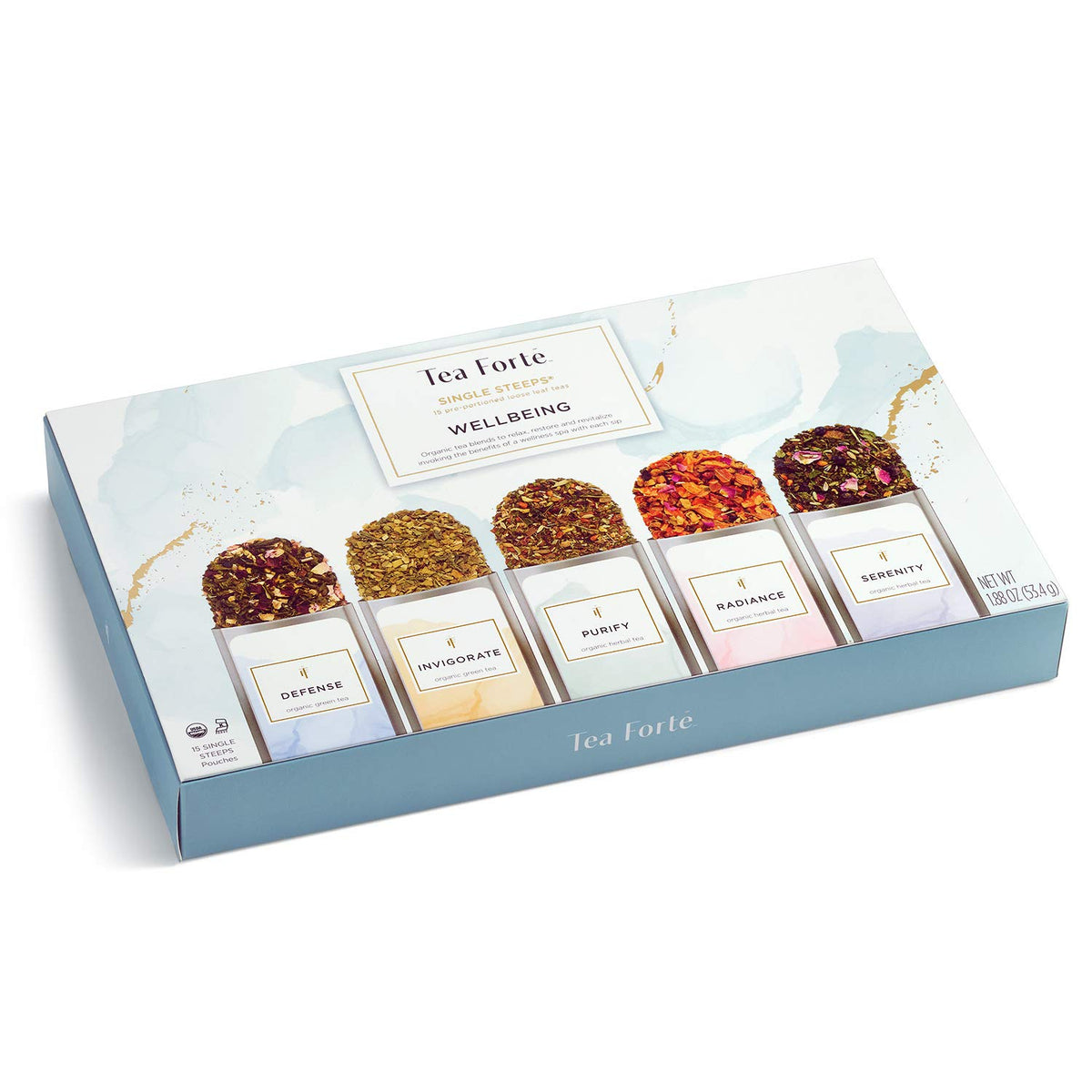Tea Forte Single Steeps Loose Leaf Wellness Tea Sampler, Assorted Variety Tea Box, Single Serve Pouches, 15 Count (Pack Of 1)