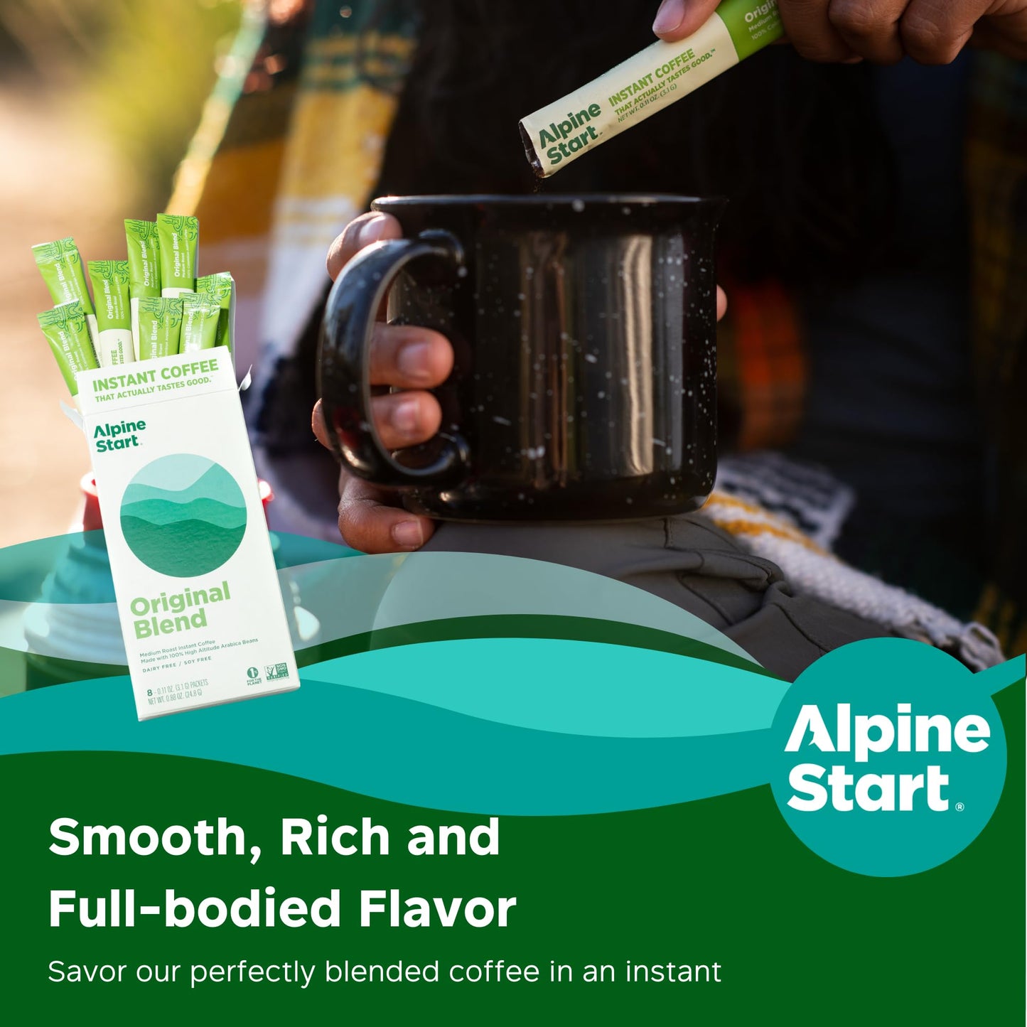 Alpine Start Instant Coffee Packets, Medium Roast, 24 Single Serve Sticks, 0.11 OZ Each, Ideal for Travel and Outdoor Activities