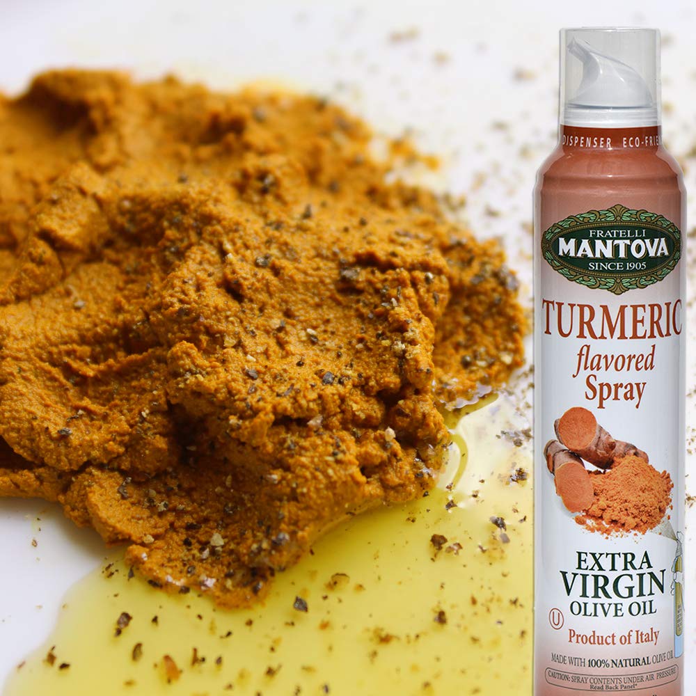 Mantova Turmeric Flavored Extra Virgin Olive Oil Spray, heart-healthy cooking spray perfect for salads, pasta sauces, 100% natur