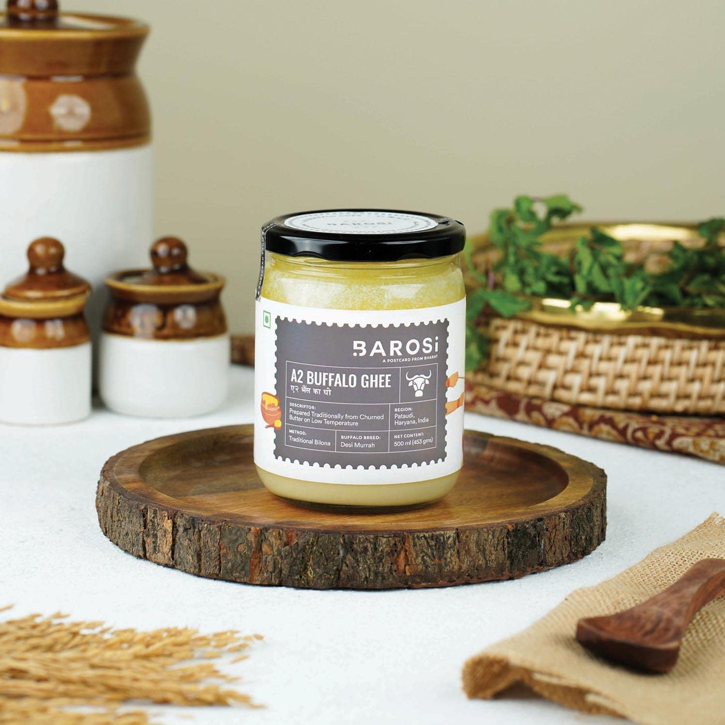 Barosi A2 Buffalo Ghee 1 Litre (Pack Of 2 * 500Ml) | Churned With Bilona Method | Pure & Aromatic Desi Ghee | Farm Made In Small Batches | Glass Jar Packing