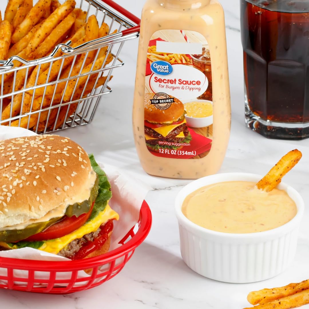 Great Value Secret Sauce For Burgers & Dipping, 12 Fl Oz Squeeze Bottle (2-Pack) Bundle With Litardex Wooden Spork, Clear Dippin