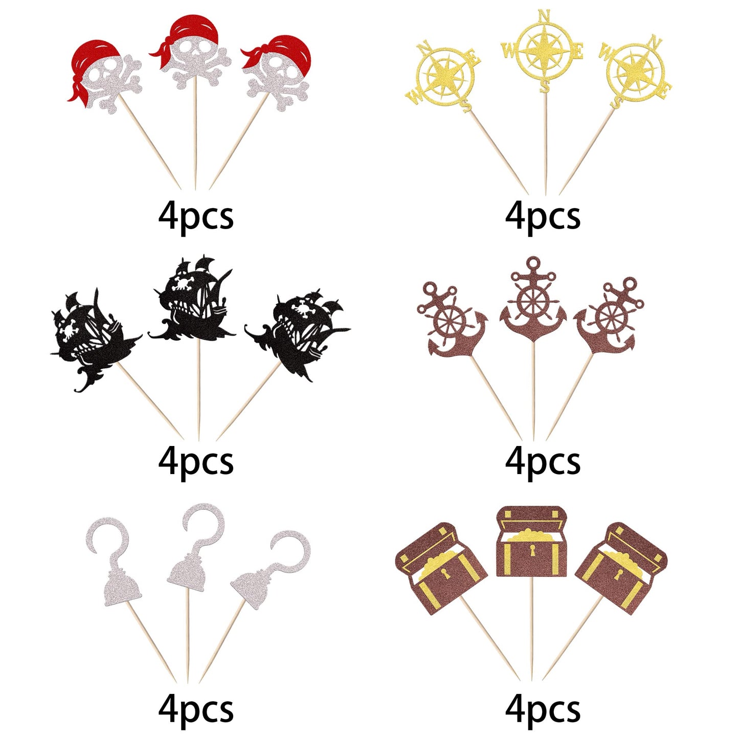 YCTHUNFISH Pirate Cupcake Toppers - 24 Pack Glitter Compass Skull & Ship Picks for Baby Shower & Kids Birthday Party Decorations
