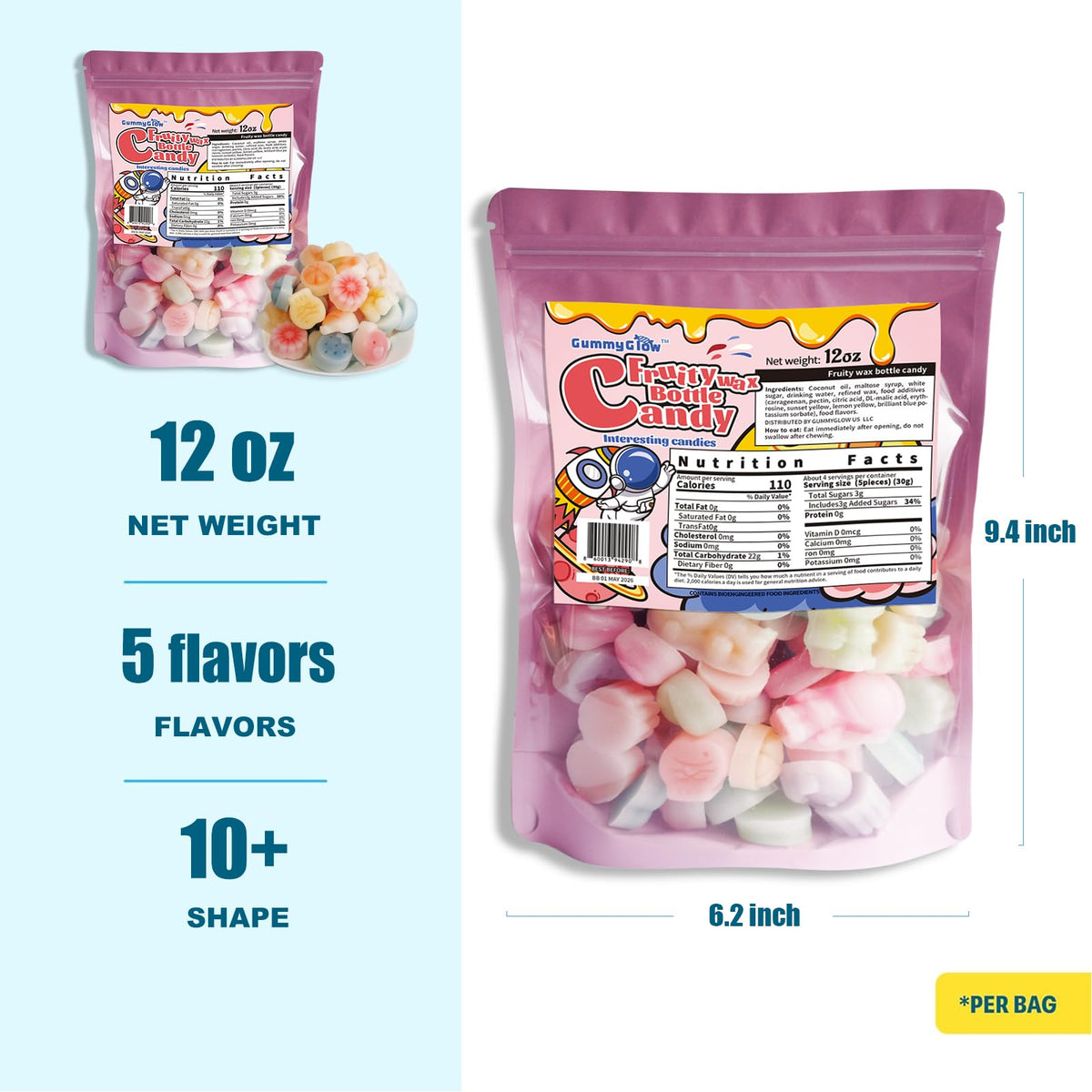 Gummy Glow Wax Candy 12oz Bulk Pack  Retro Chewy Wax Candies for Old School Candy Lovers with 55-65 Pieces & 5 Flavors  Nostalgic Sweet