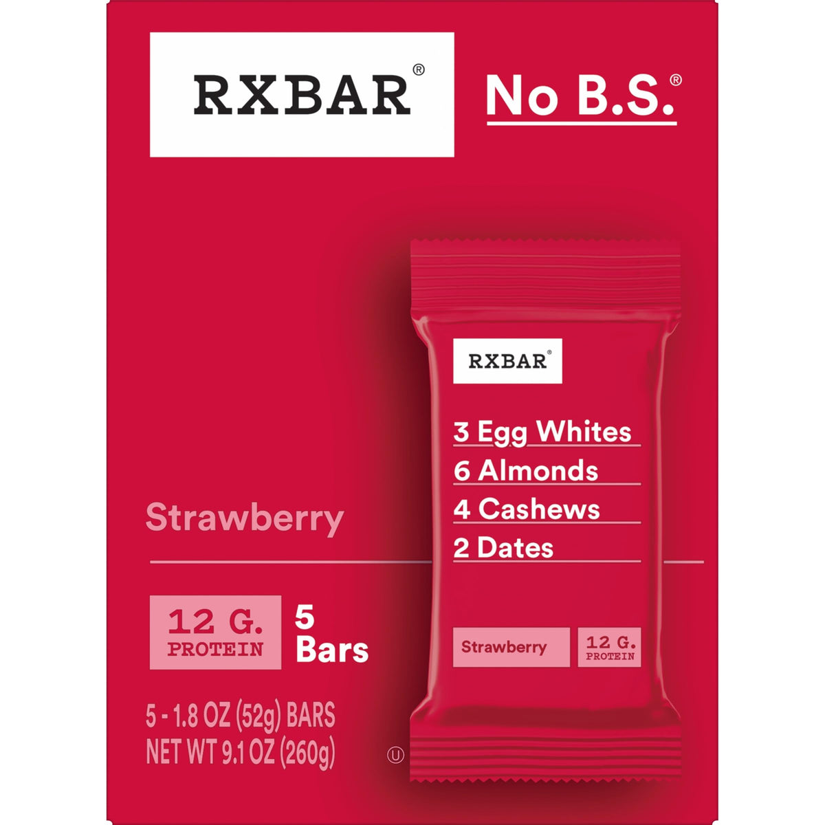 RXBAR Protein Bars, 12g Protein, Gluten Free Snacks, Strawberry, 9.1oz Box (5 Bars)