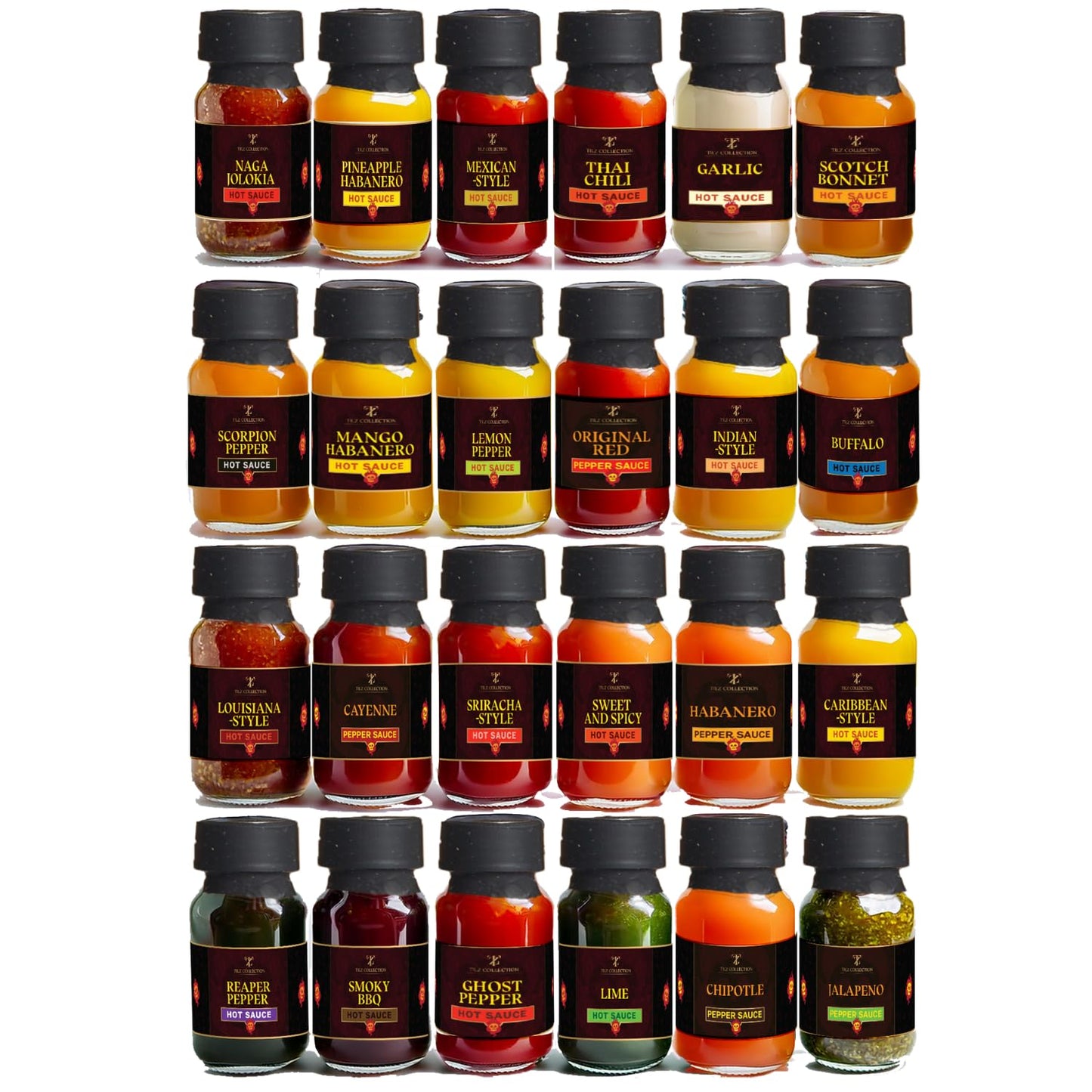 TILZ Hot Sauce Gift Set | 24 Bottles Sampler | Sriracha, Jalapenos, BBQ | Medium Size