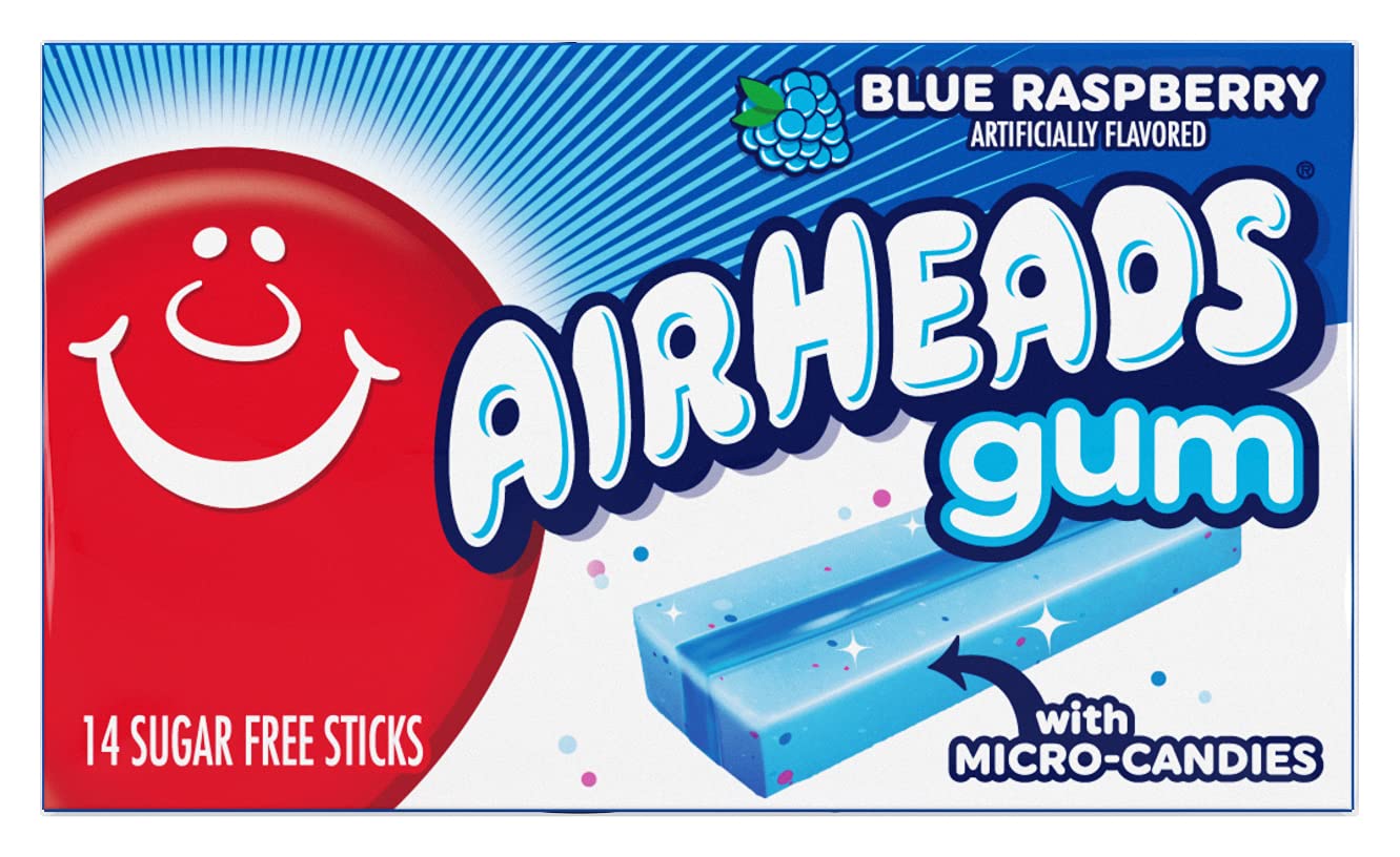 Airheads Chewing Gum, Blue Raspberry Flavor, Holiday Christmas Stocking Stuffers For Adults & Kids, Sugar Free, Xylitol, 14 Stic