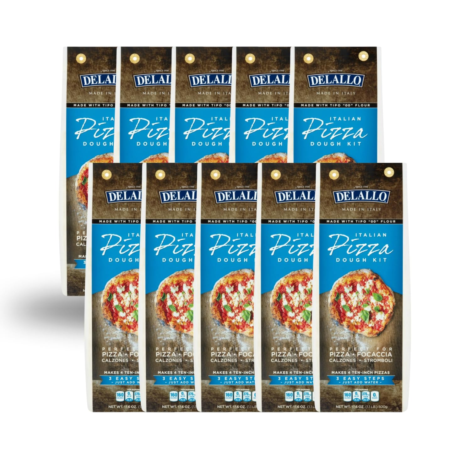 DeLallo Italian Pizza Kit, Dough Mix for Garlic Knots, Calzones, Breadsticks, 17.6 oz Bag, 10 Pack