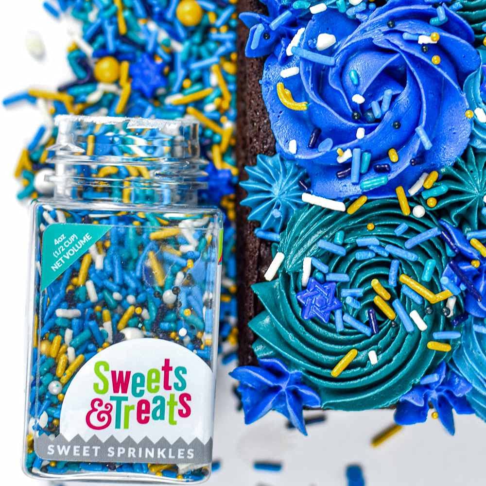 Sweets &   Boutique Hanukkah Sprinkles for Cake Decorating - Blue and Gold Jimmies, Confetti Quin, Sugar Pearls