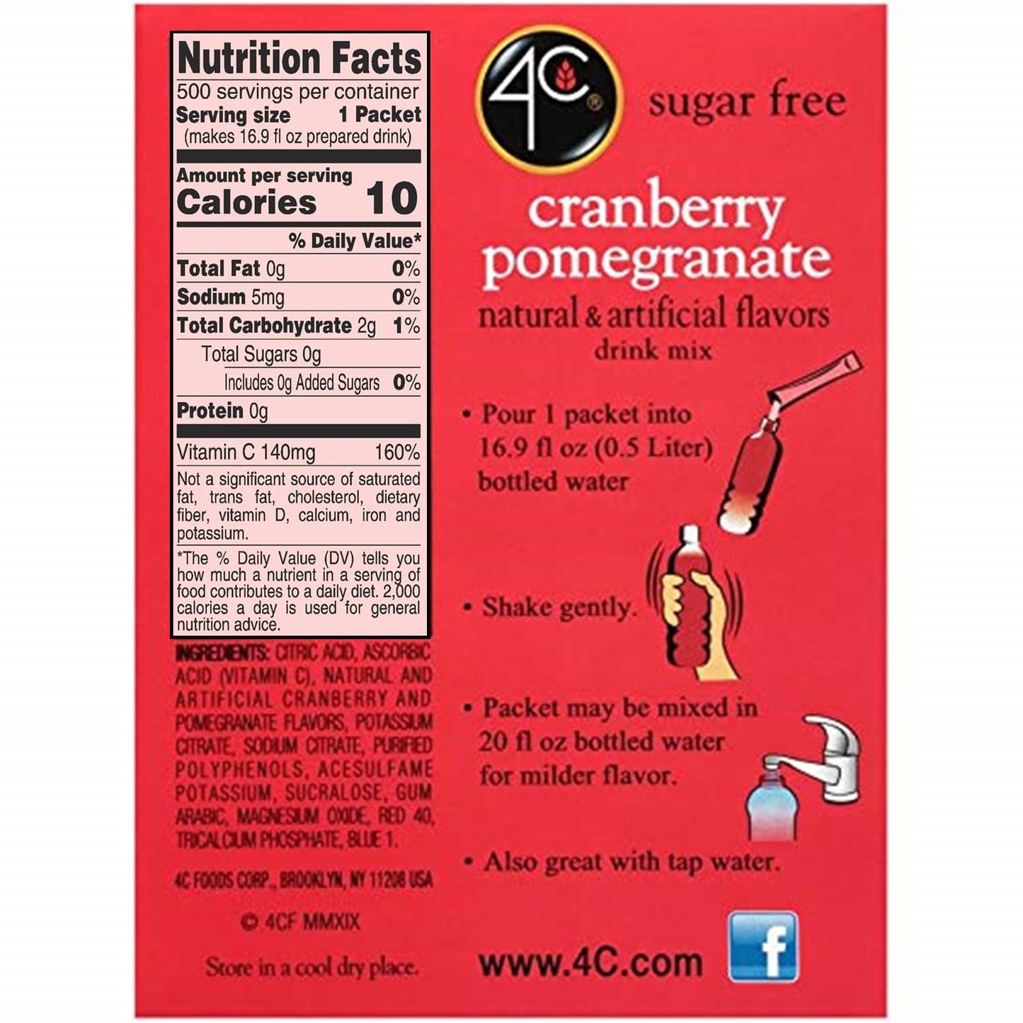 4C Powder Drink Stix, Cranberry Pomegranate 500 Count, Bulk Buy, Singles Stix, On The Go, Refreshing Water Flavorings, Value Pac