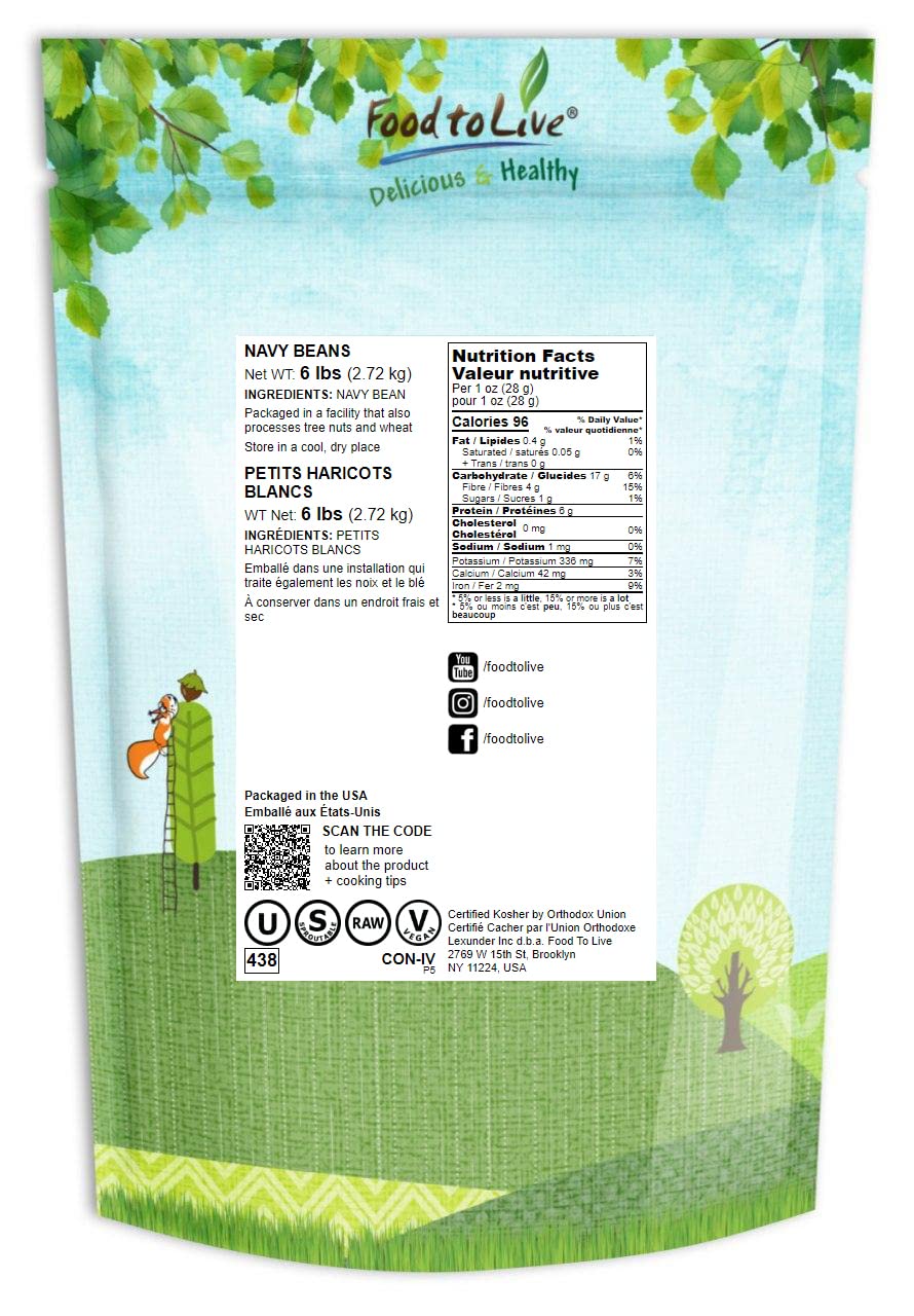 Food To Live Navy Beans, 6 Pounds Raw, Dried, Vegan, Kosher, Whole Small White Kidney Beans In Bulk, Good Source Of Protein, Fiber, Folate, And Copper. Low Sodium. Great For Cooking And Soups