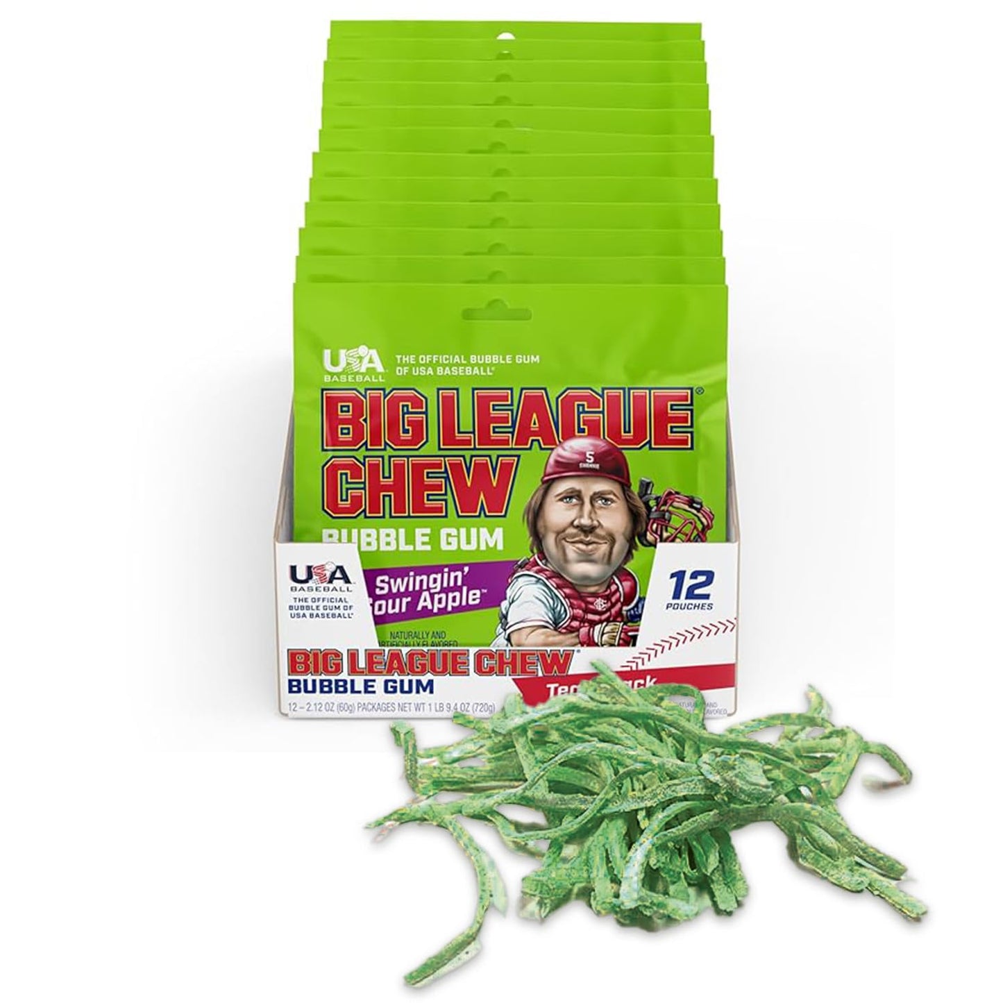 Big League Chew Swingin Sour Apple Bubble Gum - Tart & Tangy Apple Flavor Burst | Ideal for Baseball Games, Teams, Concessions,