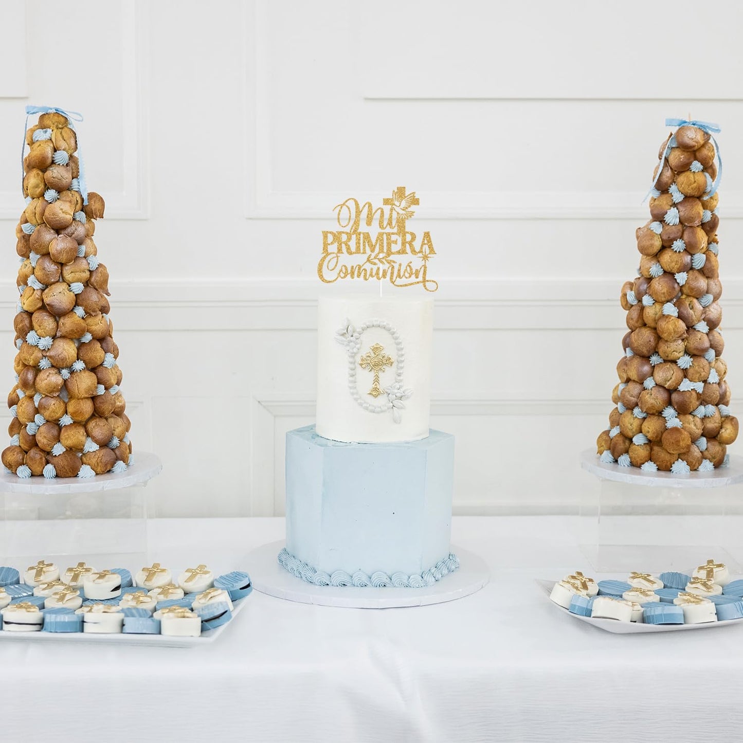 ZACHAKO Gold Glitter Cake Topper - Mi Primera Comunion, 5x5, Paper Decoration for Baptism/First Holy Communion, Baby Shower