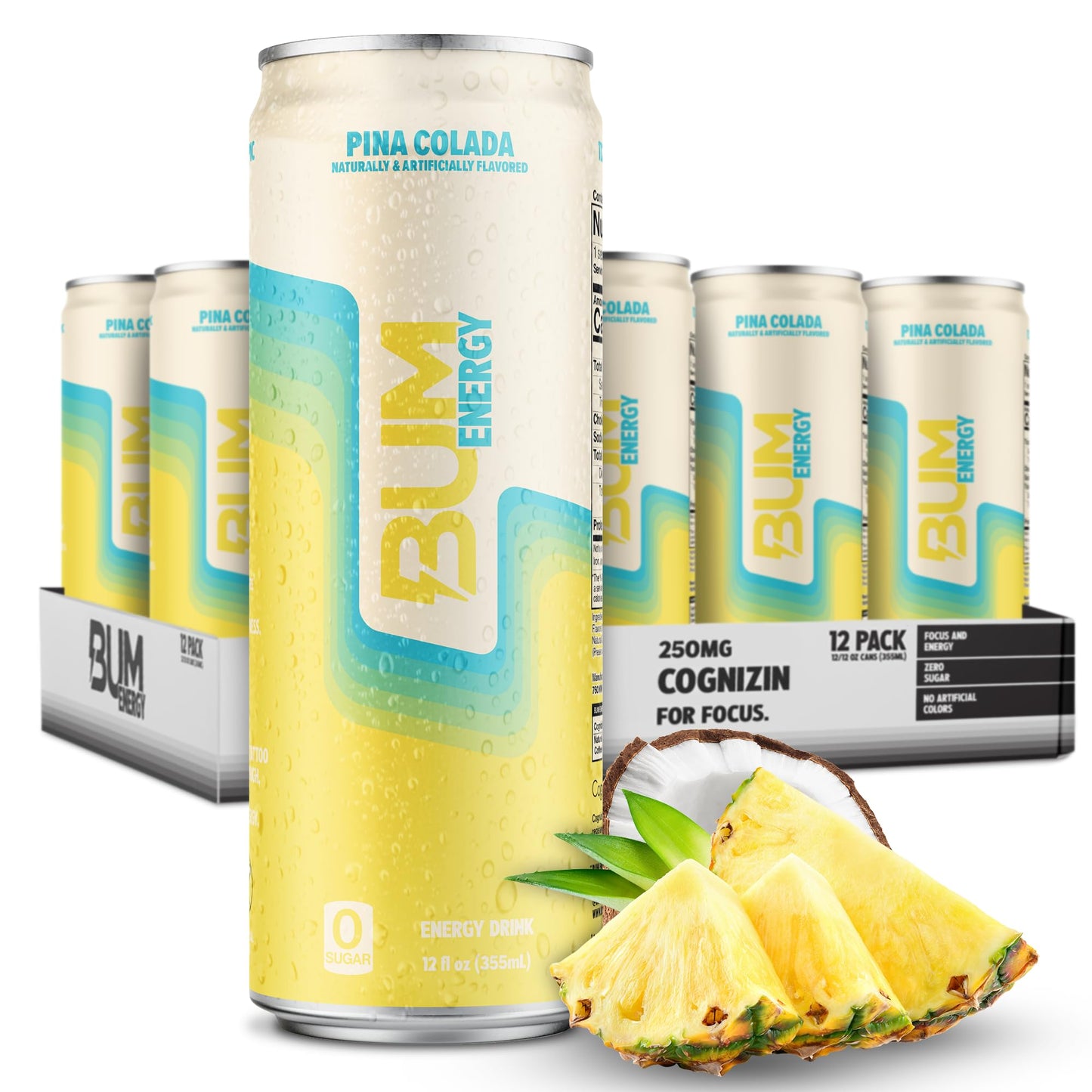 Bum Sugar-Free Energy Drink  Pina Colada - Lightly Carbonated & No Artificial Colors  Natural Energy Blend & Citicoline For Energy & Focus  Brain Boost & Workout Sports Beverage - 12 Oz  Pack Of 12
