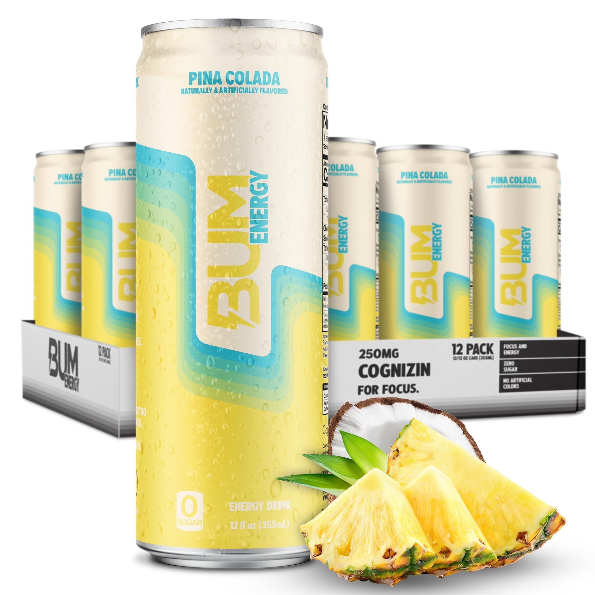 Bum Sugar-Free Energy Drink  Pina Colada - Lightly Carbonated & No Artificial Colors  Natural Energy Blend & Citicoline For Energy & Focus  Brain Boost & Workout Sports Beverage - 12 Oz  Pack Of 12