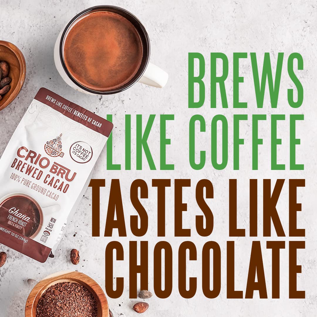 Crio Bru Ghana French Roast 10 oz Bag | Natural Healthy Brewed Cacao Drink | Great Substitute to Herbal Tea and Coffee | 99% Caffeine Free Gluten Free Low Calorie Honest Energy Brew And Enjoy Hot or Iced