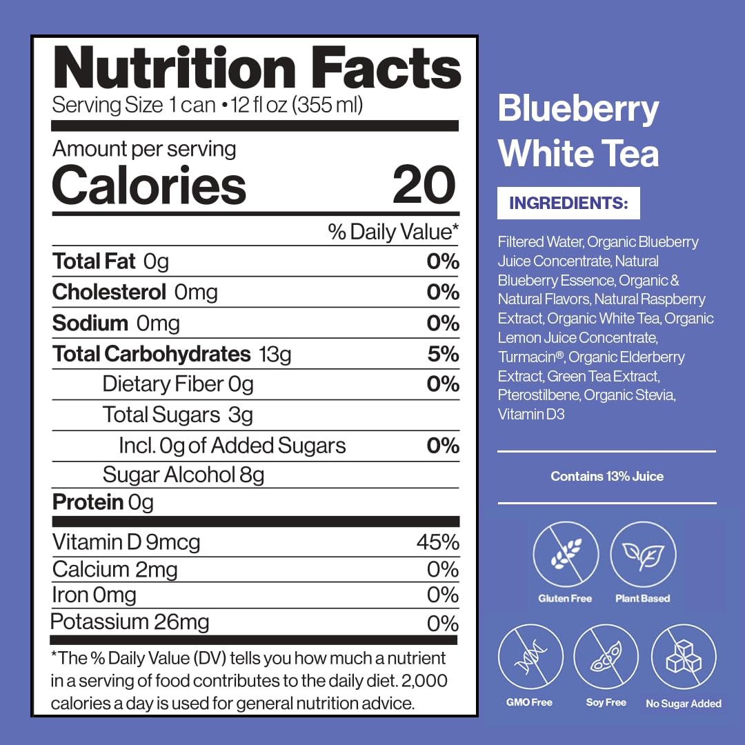 Happy Being Blueberry White Tea - Sparkling, Low Calorie, Caffeine Free, 12oz, 16 Pack