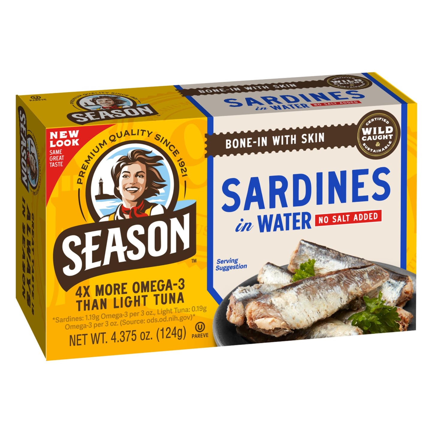 Season Sardines in Water - No Salt Added, Wild Caught, 22g of Protein, Keto Snacks, More Omega 3 s Than Tuna, Kosher, High in C