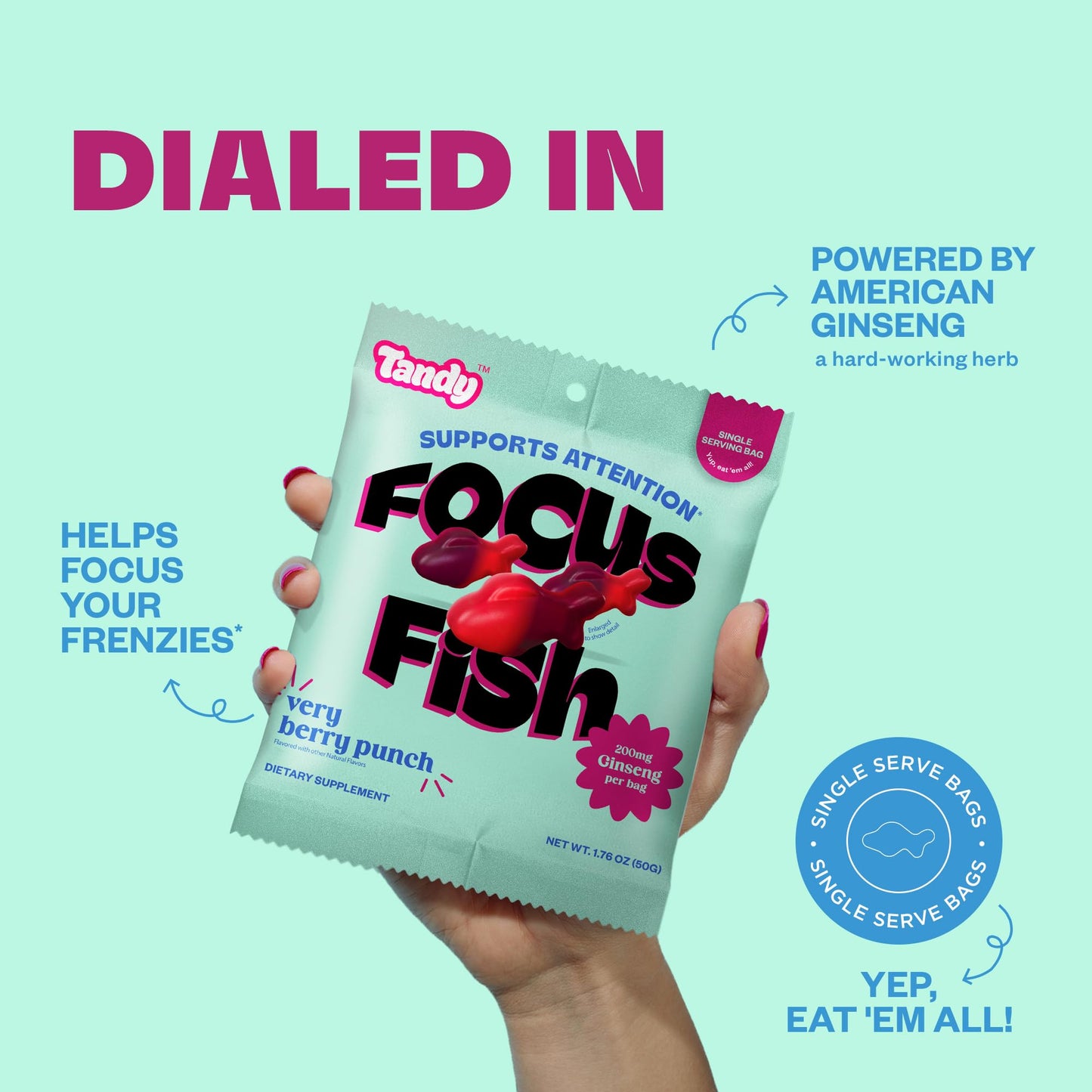 Tandy Focus Fish Gummy dietary products - American Ginseng, Very Berry Punch Flavor, Gluten-Free, 6 Count