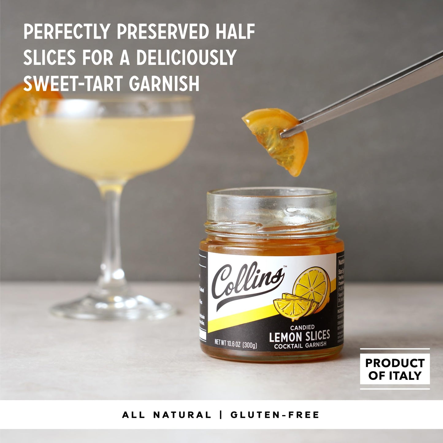 Collins Candied Lemon Slices in Syrup, Cocktail Drink Garnish, 10.6oz, Yellow, Model 11488