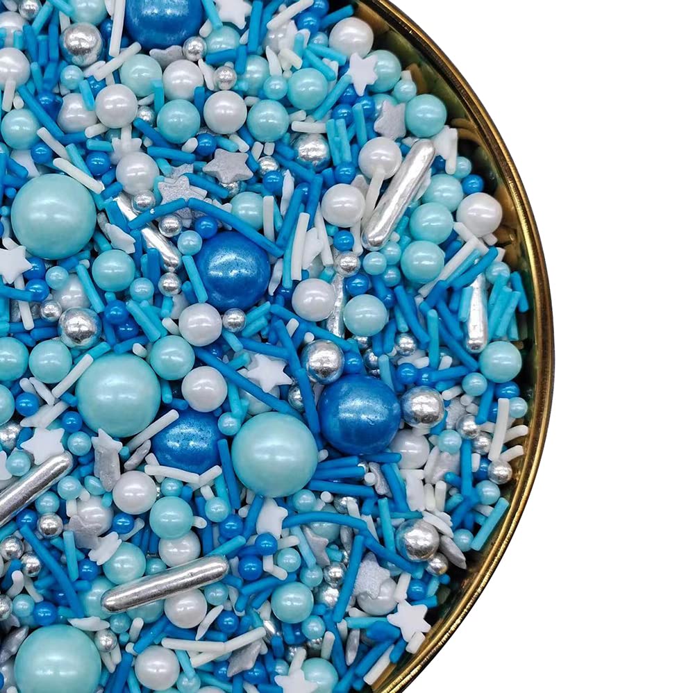 Blue Silver Sprinkles 120G/ 4.2Oz- Christmas Edible For Cake And Cupcake Sprinkles With Assorted Shapes And Sizes For Parties, M