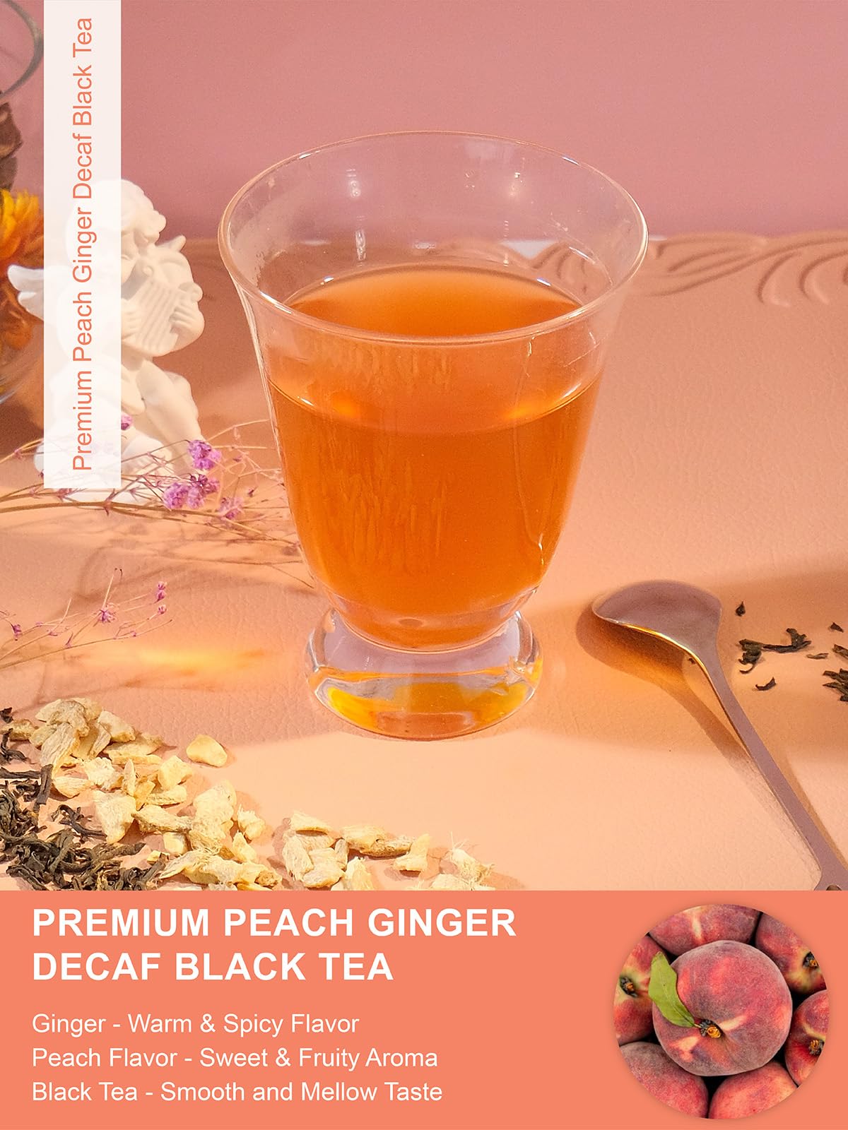 TeeLux Decaf Peach Ginger Black Tea, Smooth & Full-Bodied, 100 Count