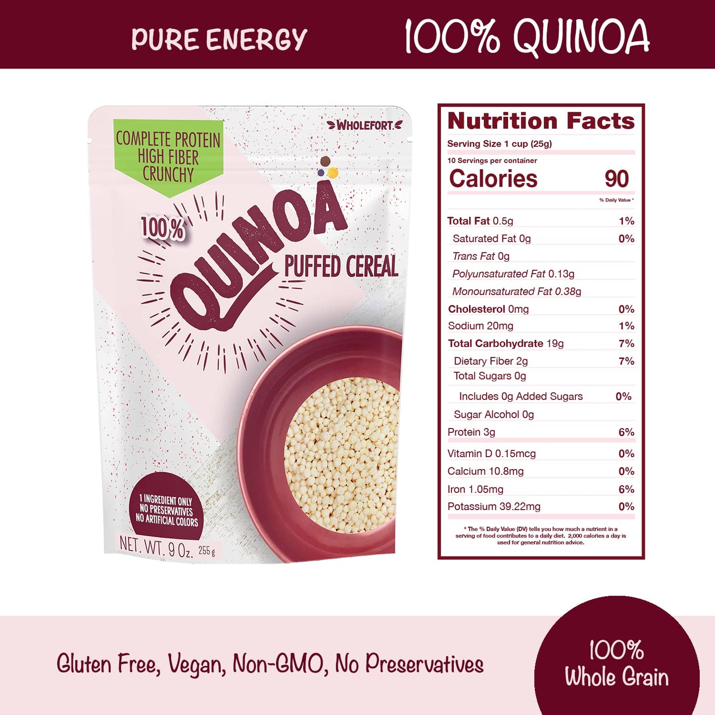 Puffed Quinoa Cereal + Nothing - Vegan - Gluten Free - Non-GMO - [11 oz] Try Quinoa Pops as Snacks - Cereal - Salad Topper for S