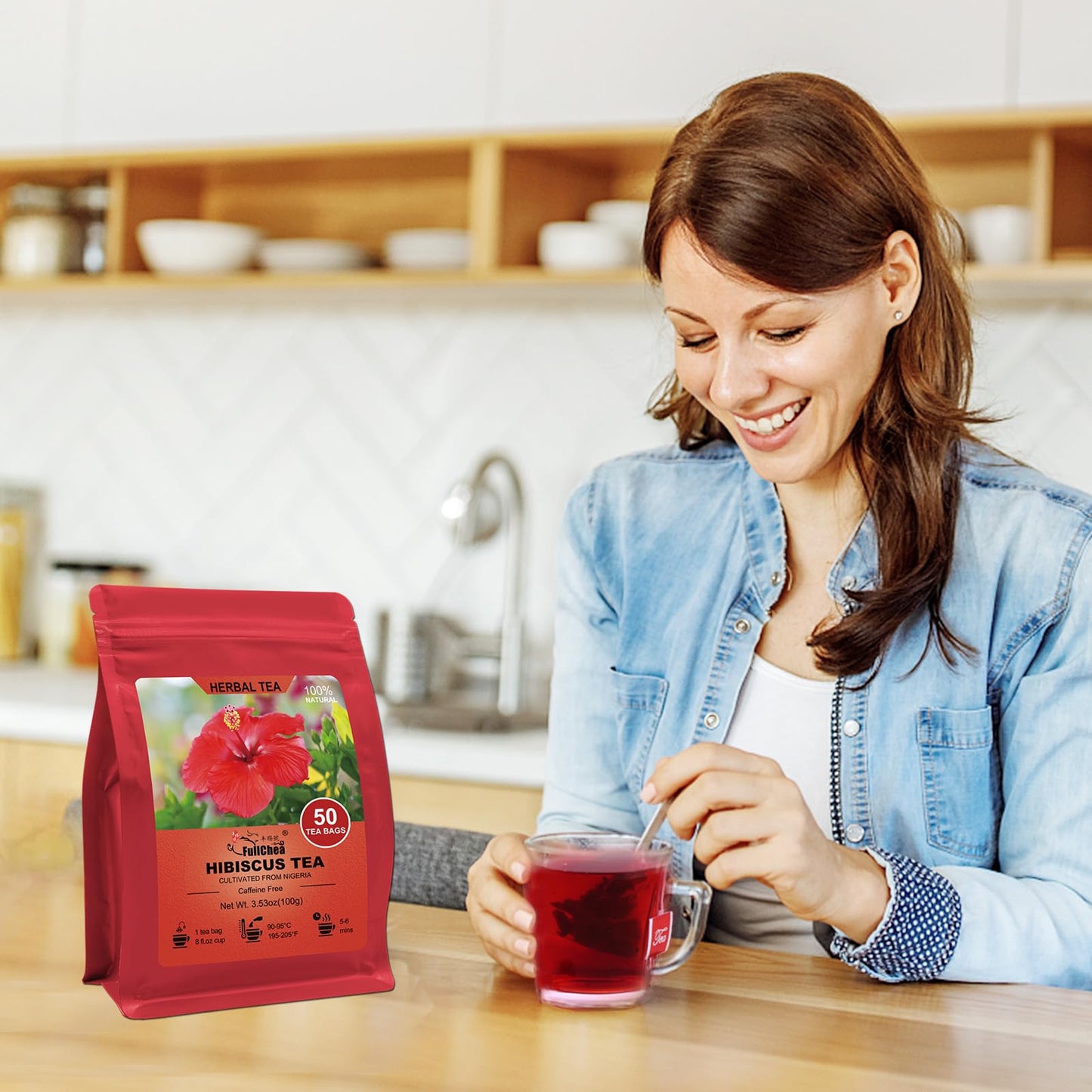 FullChea Hibiscus Tea Bags - Premium Non-GMO, Caffeine-free, 50 Teabags, 2g/bag - Rich in Antioxidants, Supports Digestion