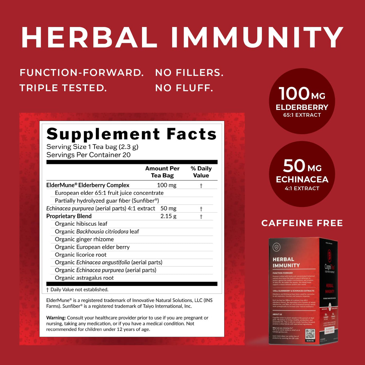 CogniTea Herbal Immunity Tea - Immune System Booster - 20 Count - Caffeine Free - Elderberry, Echinacea, Lemon & Ginger