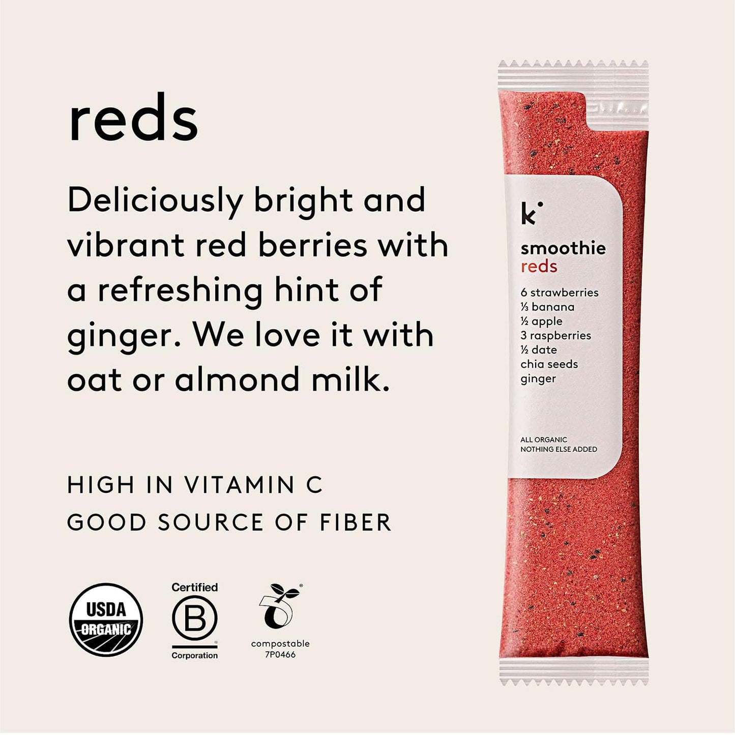 Kencko Reds Smoothie Mix Packets - 20 Instant Breakfast Smoothies Made Of Natures Original Superfoods - Strawberry, Banana, Rasp