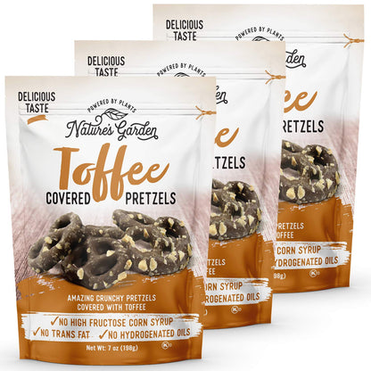 Natures Garden Toffee Pretzels - No Trans Fat, Indulgent Snack, Chocolate Dipped Pretzels - 7 Oz Bag (Pack of 3)