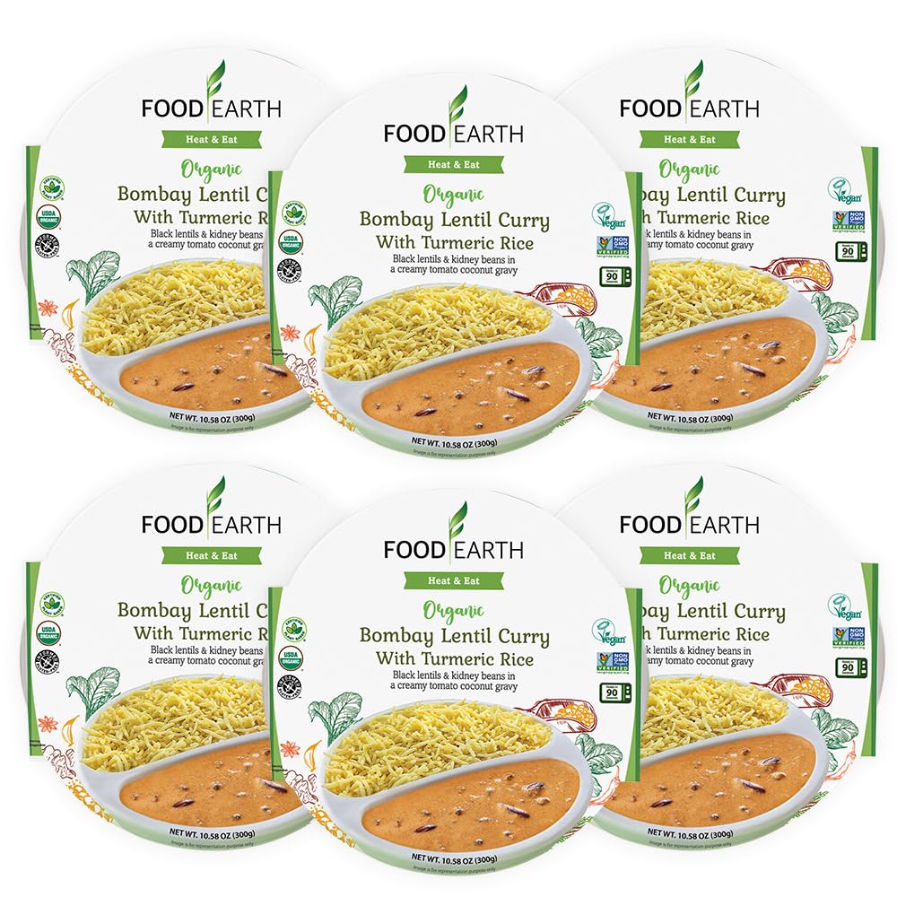 Food Earth Ready to Eat Indian Meal - Bombay Lentil Curry with Turmeric Rice - Organic, Vegan, Gluten-Free, GMO-Free, Plant-Base