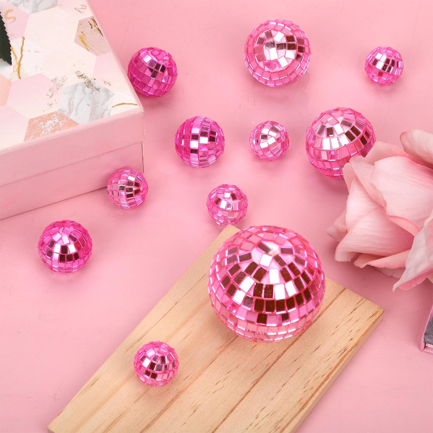 PEUTIER Disco Ball Cake Toppers Set, 12pcs in 4 Sizes, Pink, for Birthday and 70s Theme Parties, Model 04138