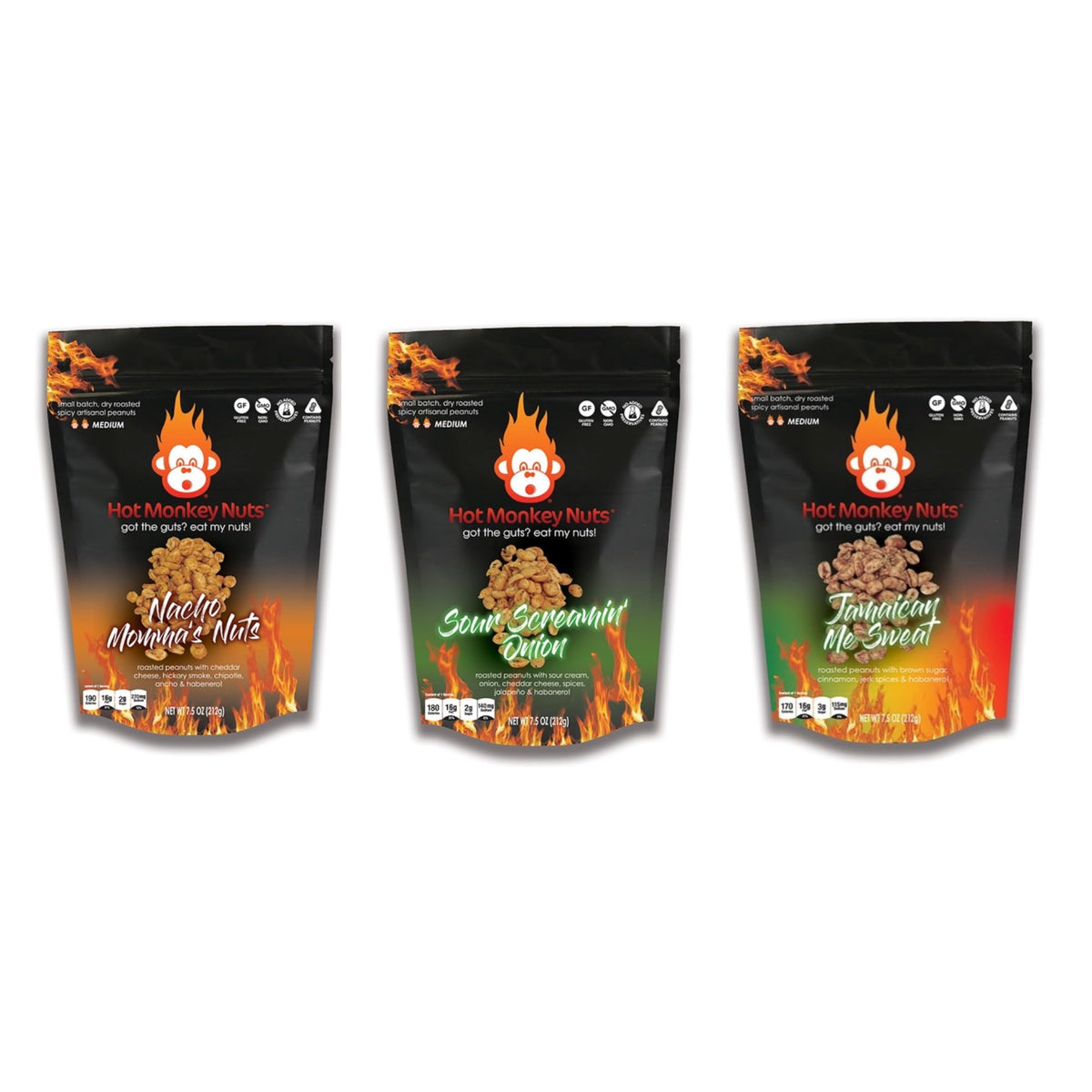 Hot Monkey Nuts Spicy Artisanal Peanuts | 3-Pack Medium Heat Roasted Peanuts | Nacho Momma's Nuts, Sour Screamin' Onion & Jamaic