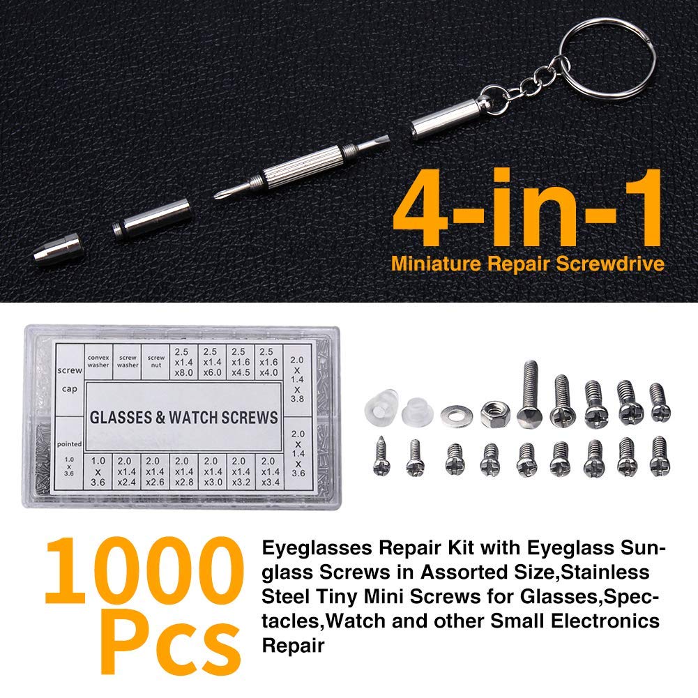 Ofone Eyeglass Repair Kit, Eye Glass Repair Kit With 1000Pcs Tiny Metal Screws Nose Pads Precision Screwdriver Set Screw Caps/Nu