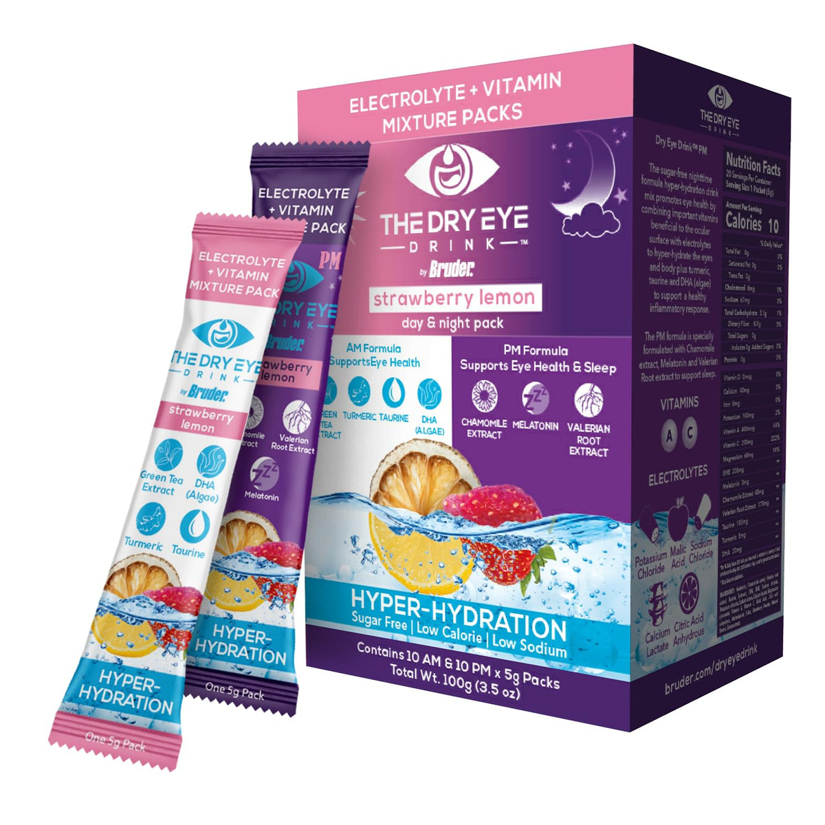 The Dry Eye Drink L Ultimate Hydration For Dry Eyes L Sugar-Free Electrolyte Powder Packets L Blended With Vitamins, Green Tea, Turmeric, Taurine, And Dha L 5G X 20 Packets (Strawberry Lemon Am/Pm)