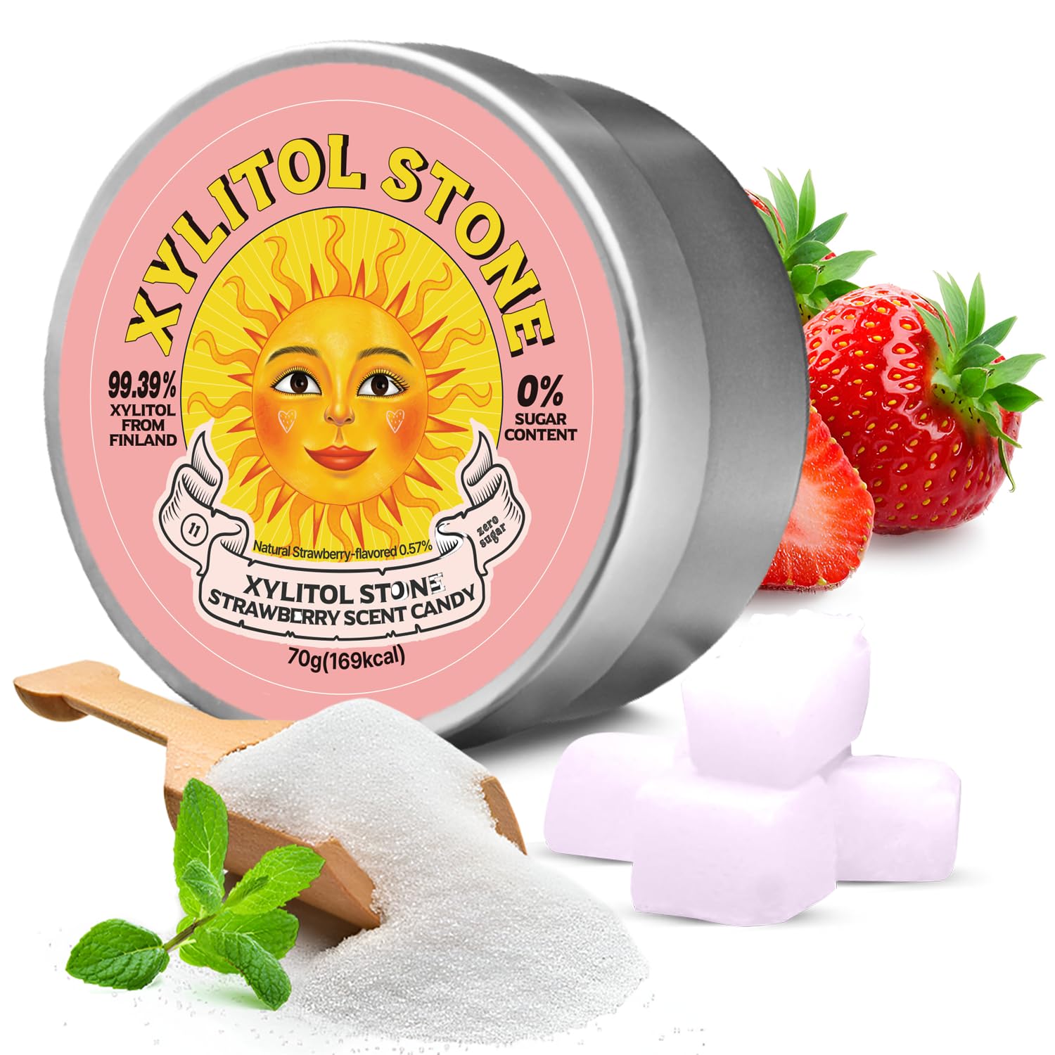 Xylitol Stone Sugar Free Candy - Vegan & Keto Friendly Unique Hard Candy Sugar-Free - 100% Natural Flavor Candies - Gluten Free & Non-Gmo Breath Freshener Low Calorie Mints- Strawberry (Pack Of 1)