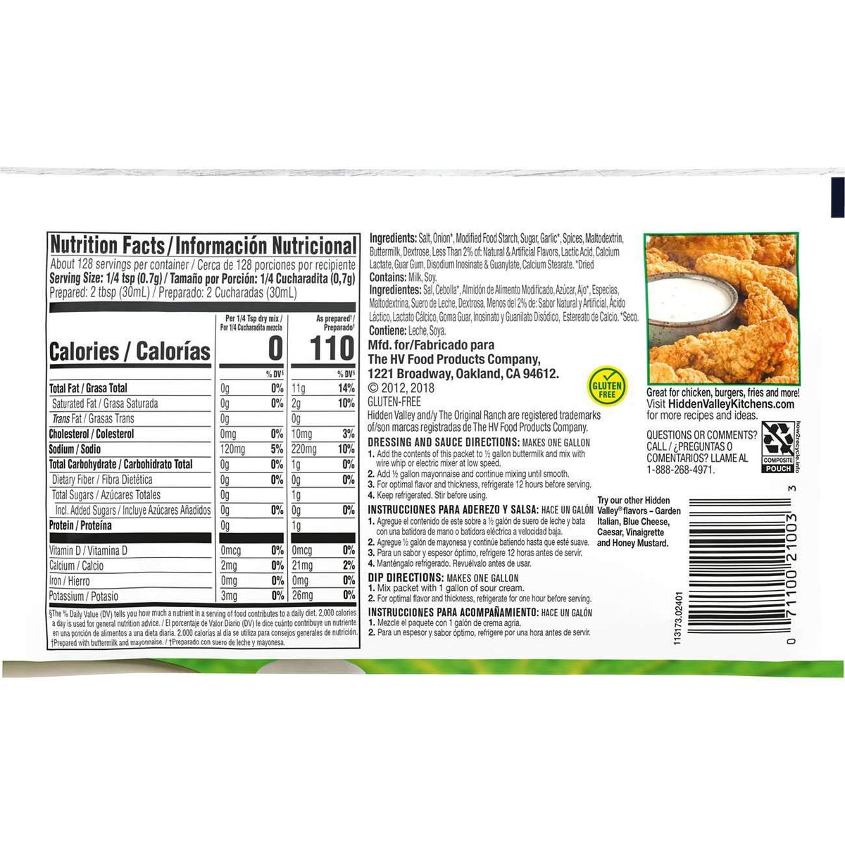 Hidden Valley, Original Buttermilk Ranch, No Msg, Gluten-Free, Dry Mix, 1 Gallon (12 Count)