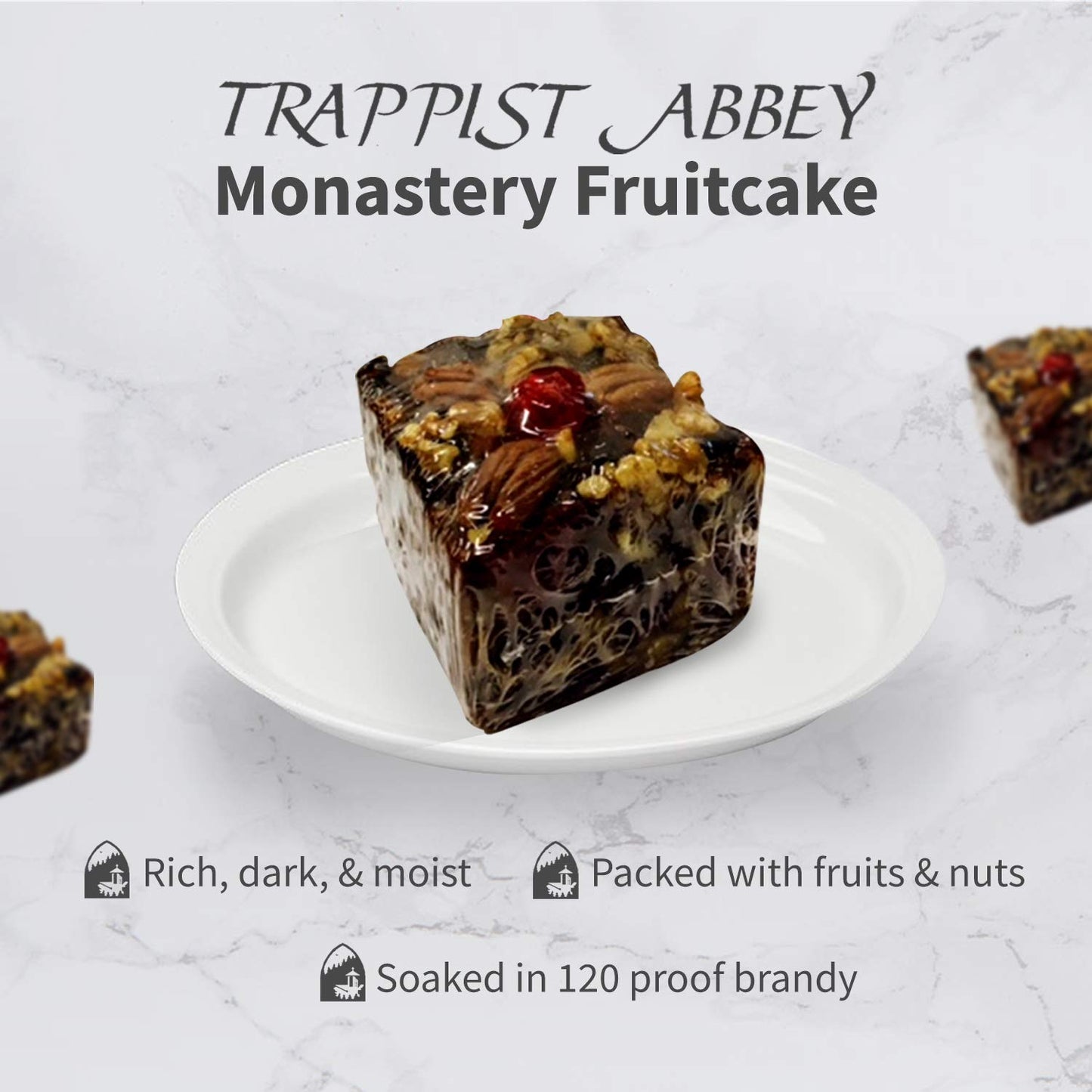Trappist Abbey Fruitcake - Traditional Christmas Cake with Candied Fruits & Nuts, Soaked in Brandy, 16 Ounce