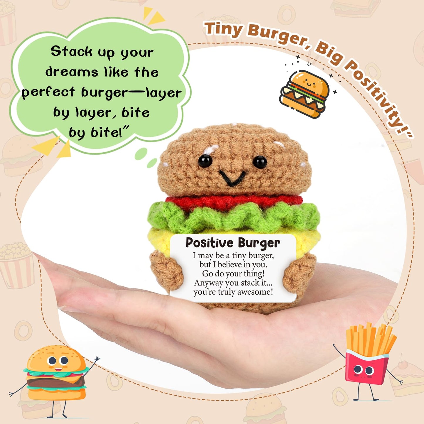 AVBODA Mini Inspirational Positive Burger Cute Handmade Crochet Cheeseburger for Birthday Christmas Back to School Encouragement