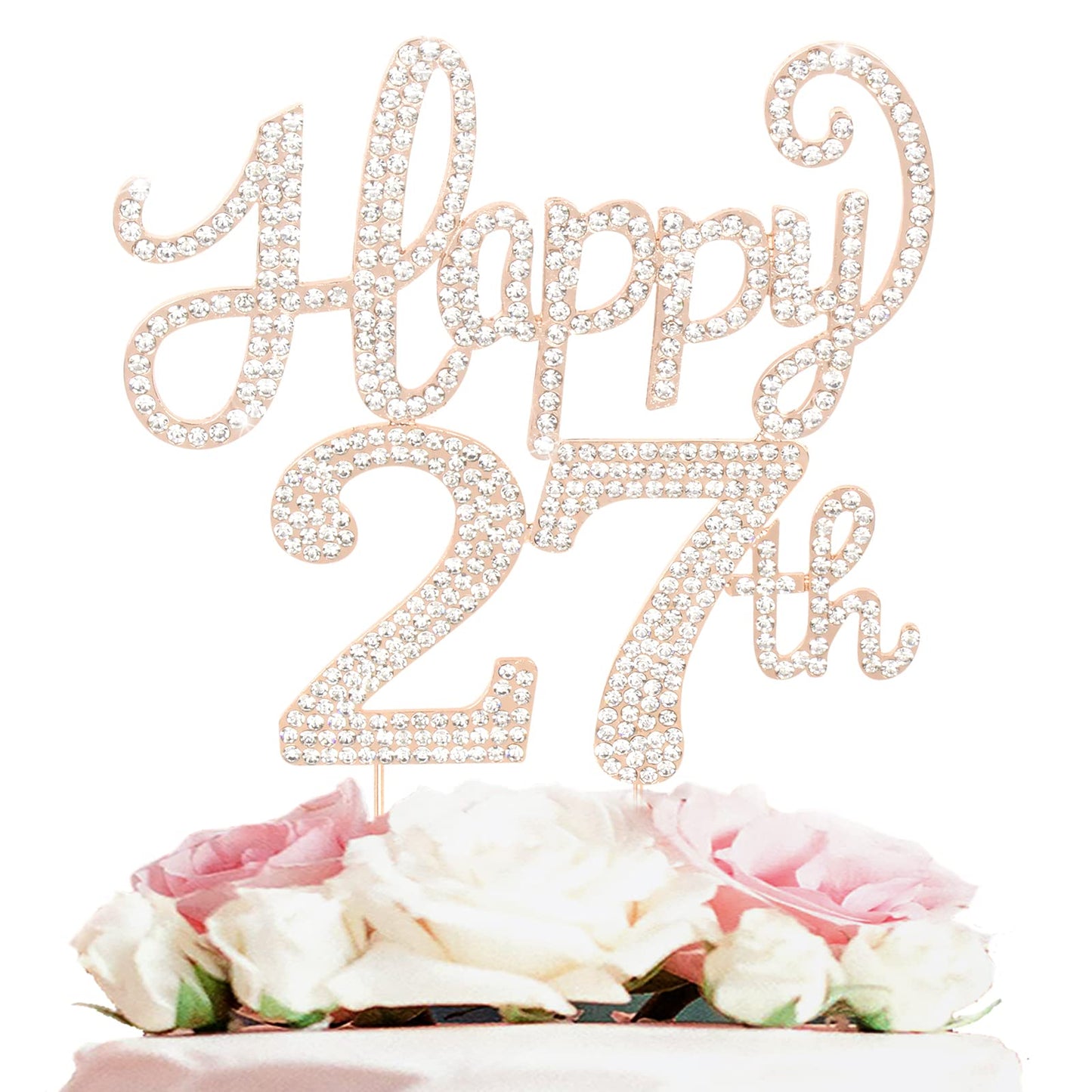 Happy 27Th Birthday Decorations,27Th Birthday Gold Rhinestone Cake Topper - Cheers To 27 Years Old Bday Party Metal Sparkly Cake