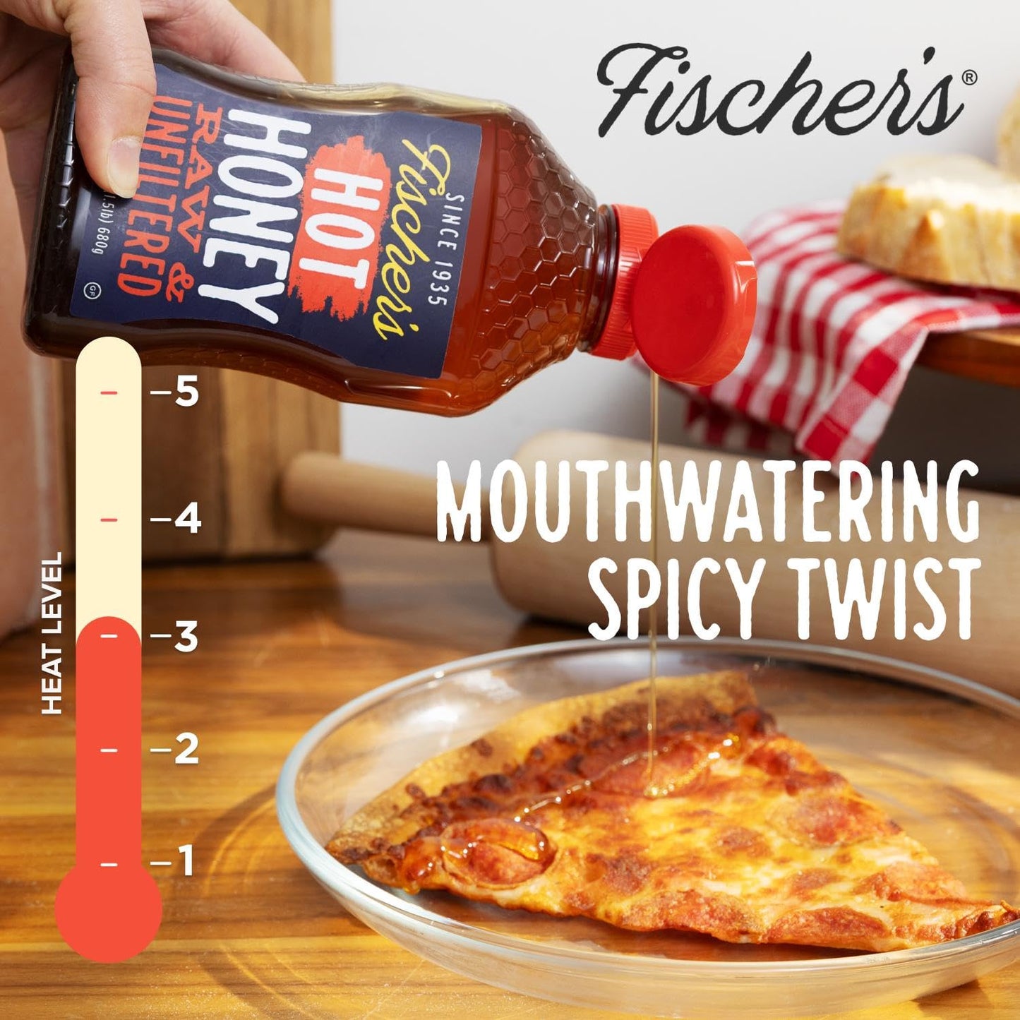 Fischers Hot Honey, 24 Oz - 100% Raw Unfiltered Honey Infused with Hot Pepper - Chefs Choice - Spicy Kick for Pizza, BBQ, Frie