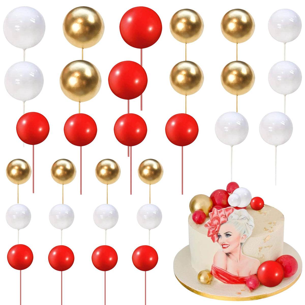 Rsstarxi Mini Balloon Cake Topper Set, 30 PCS Foam Pearl Balls, Red Gold White, Model XM237