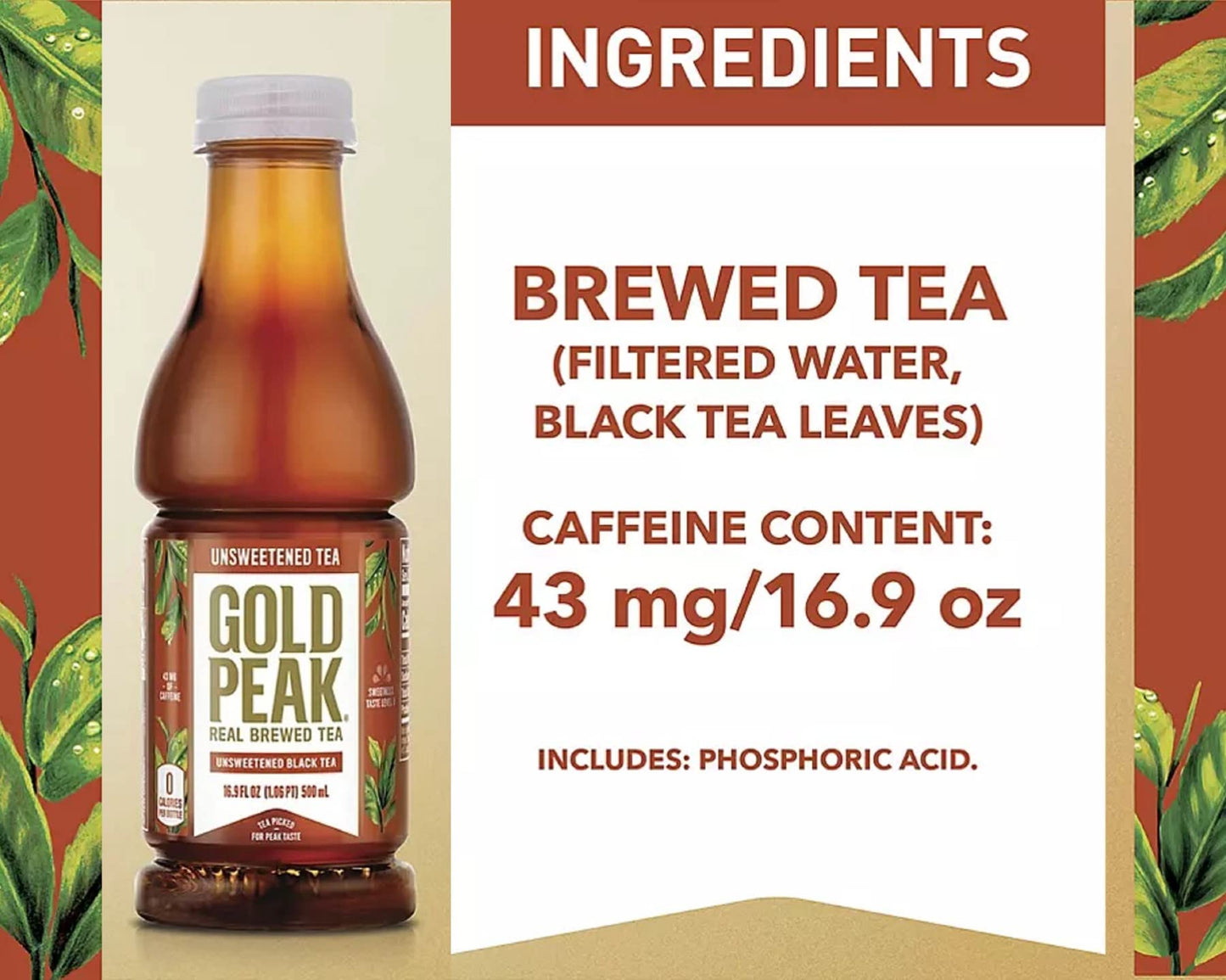 Gold Peak Unsweet Tea 16.9Oz, 15 Pack Bottles, Black Tea