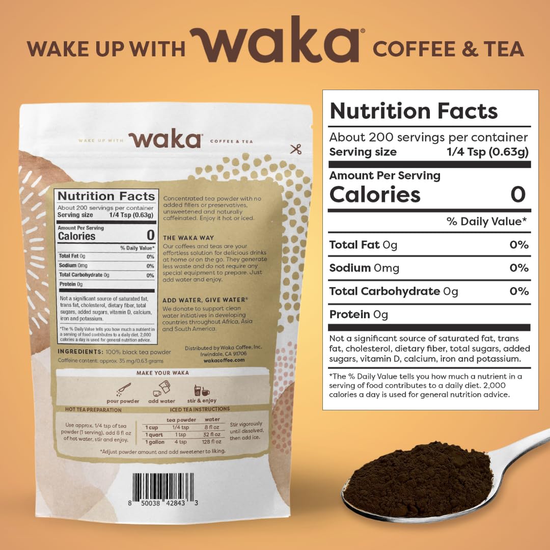 Waka Instant Black Tea Mix, 100% Tea Leaves, Unsweetened, 4.5oz, Makes 50 Quarts or 200 Cups, Hot or Iced Tea