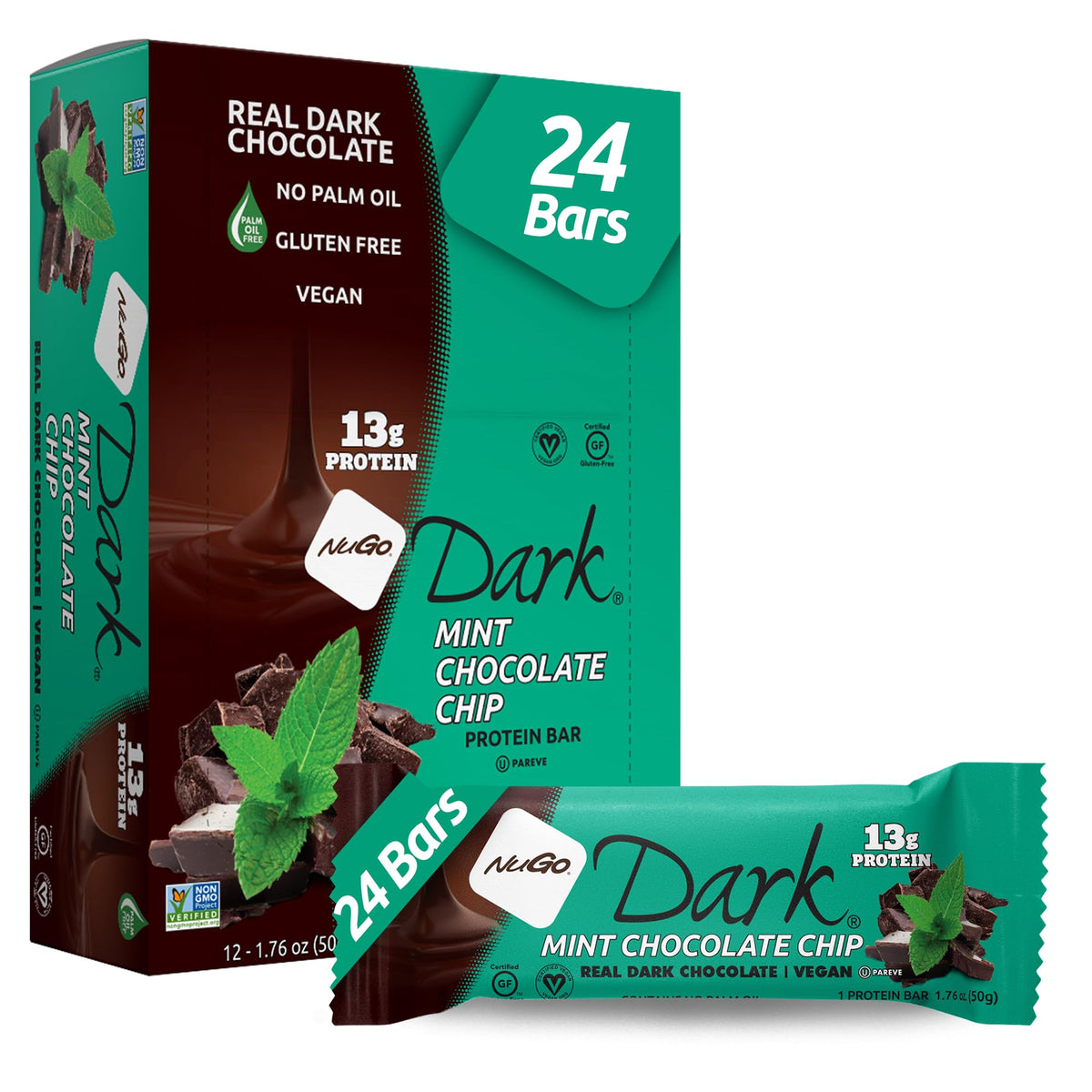 Nugo Dark Mint Chocolate Chip, 13G Protein Bar, Vegan, Gluten Free, Non-Gmo, Kosher Pareve, 24 Count