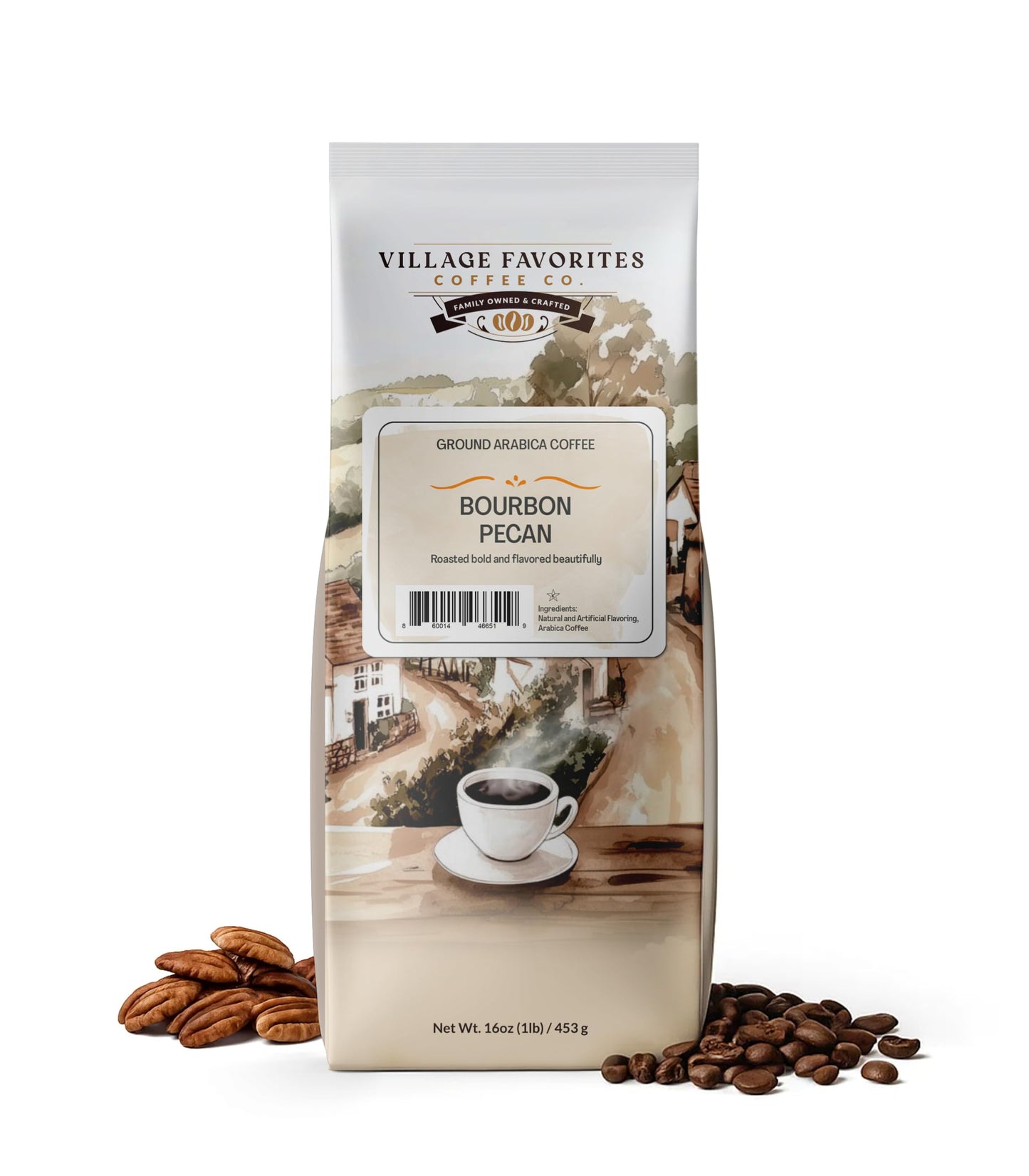 Village Favorites Flavored Coffee - Low Acid  Mold-Free  100% Arabica  Slow Roasted Medium Roast  Smooth & Stomach Friendly  Ground  1Lb Bag (16Oz)- Kosher (16Oz  Flavor Blend Pecan)