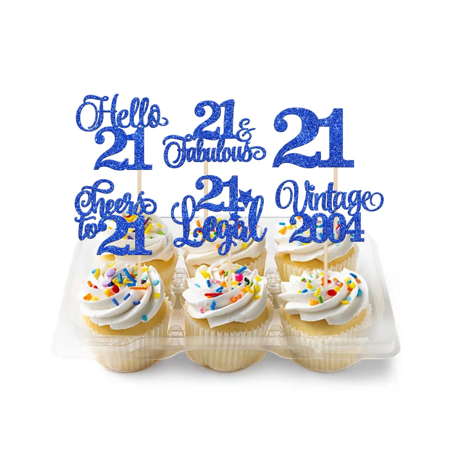Rssta i 24 Pack Cupcake Toppers Glitter Blue - Twenty One Cheers to 21 Years Cake Decorations for 21st Birthday Party Supplies