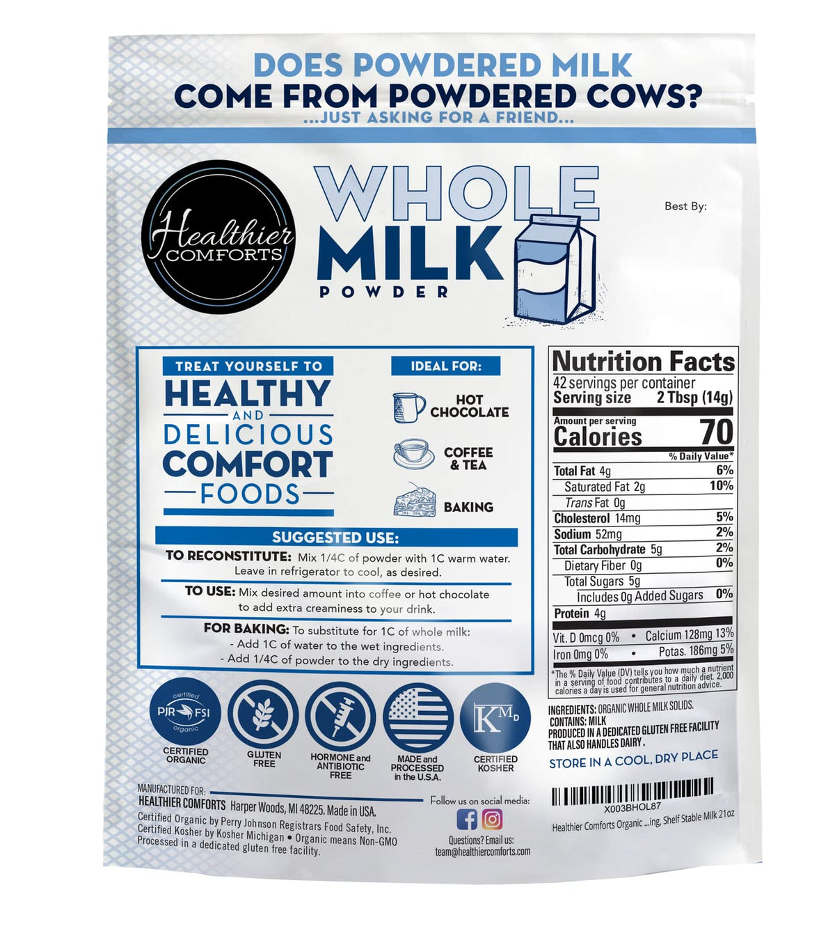 Healthier Comforts Organic Whole Milk Powder | Certified Usda Organic Powdered Milk | Kosher, Gluten Free, Non-Gmo Dry Milk Powd