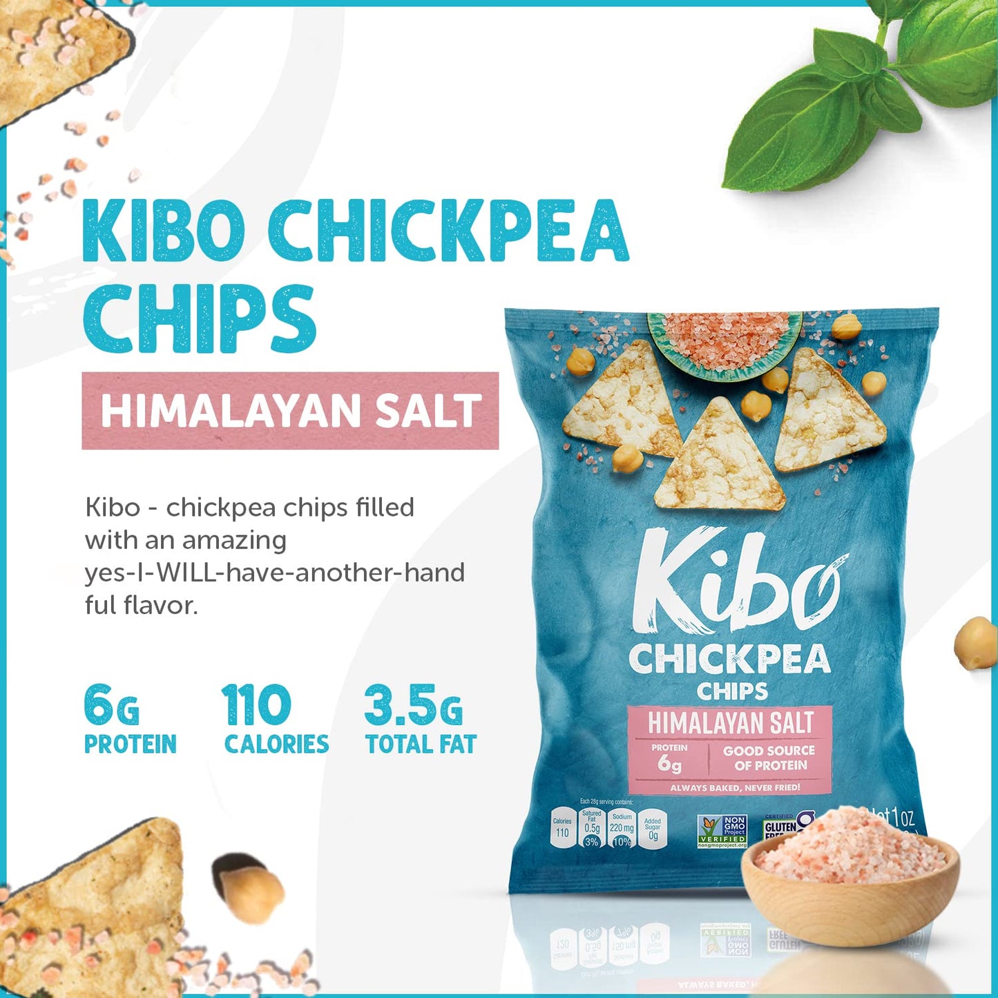 Kibo Chickpea Chips Himalayan Salt - Gluten-Free, Plant-Based, High Protein-Fiber Non-GMO, Vegan, Made with Real Veggies - 1 oz,